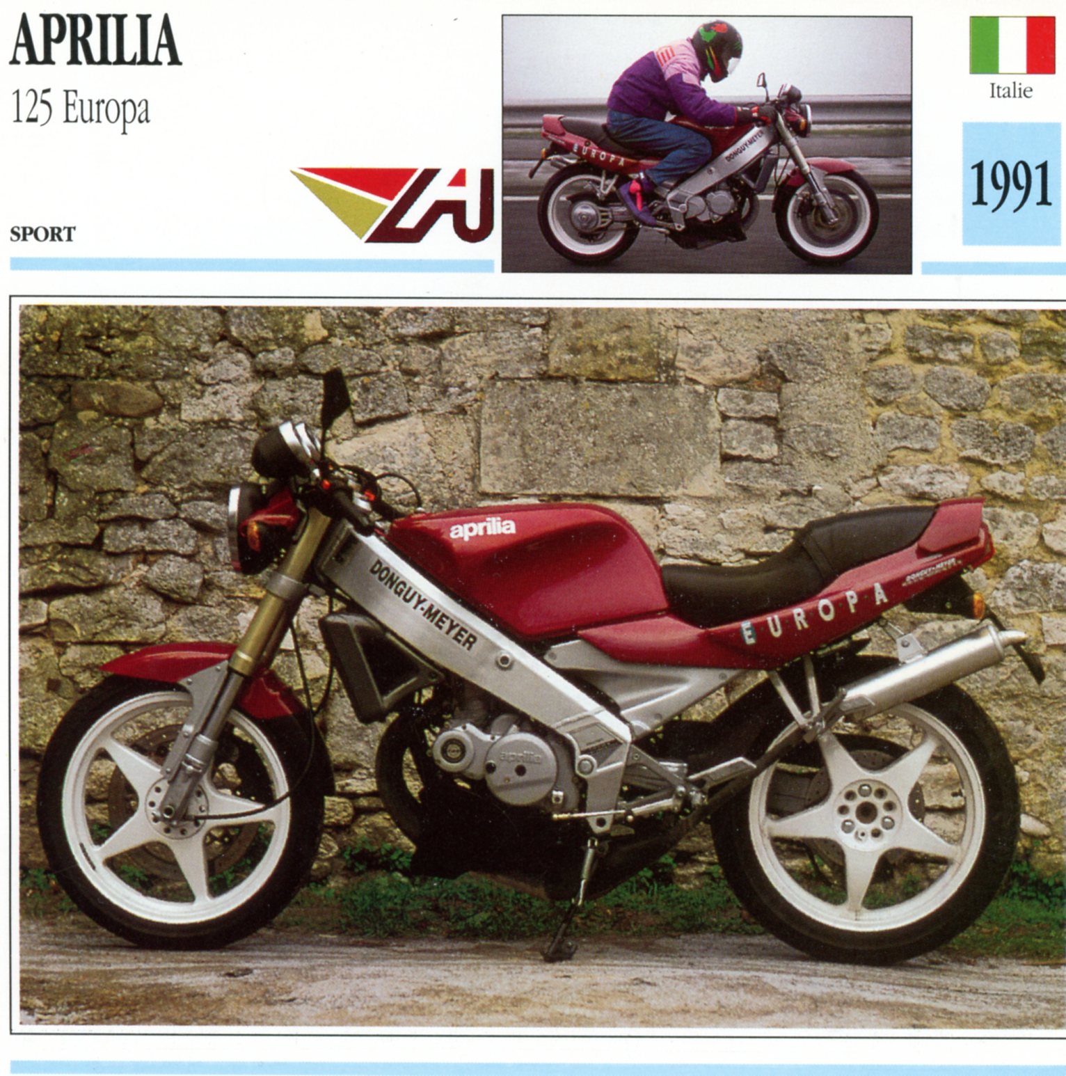 APRILIA 125 EUROPA 1991 - CARTE CARD FICHE MOTO CARACTERISTIQUES