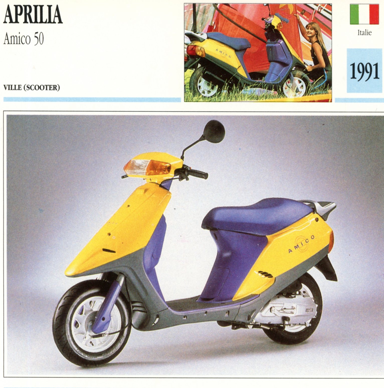 APRILIA 50 AMICO 1991 - CARTE CARD FICHE SCOOTER CARACTERISTIQUES