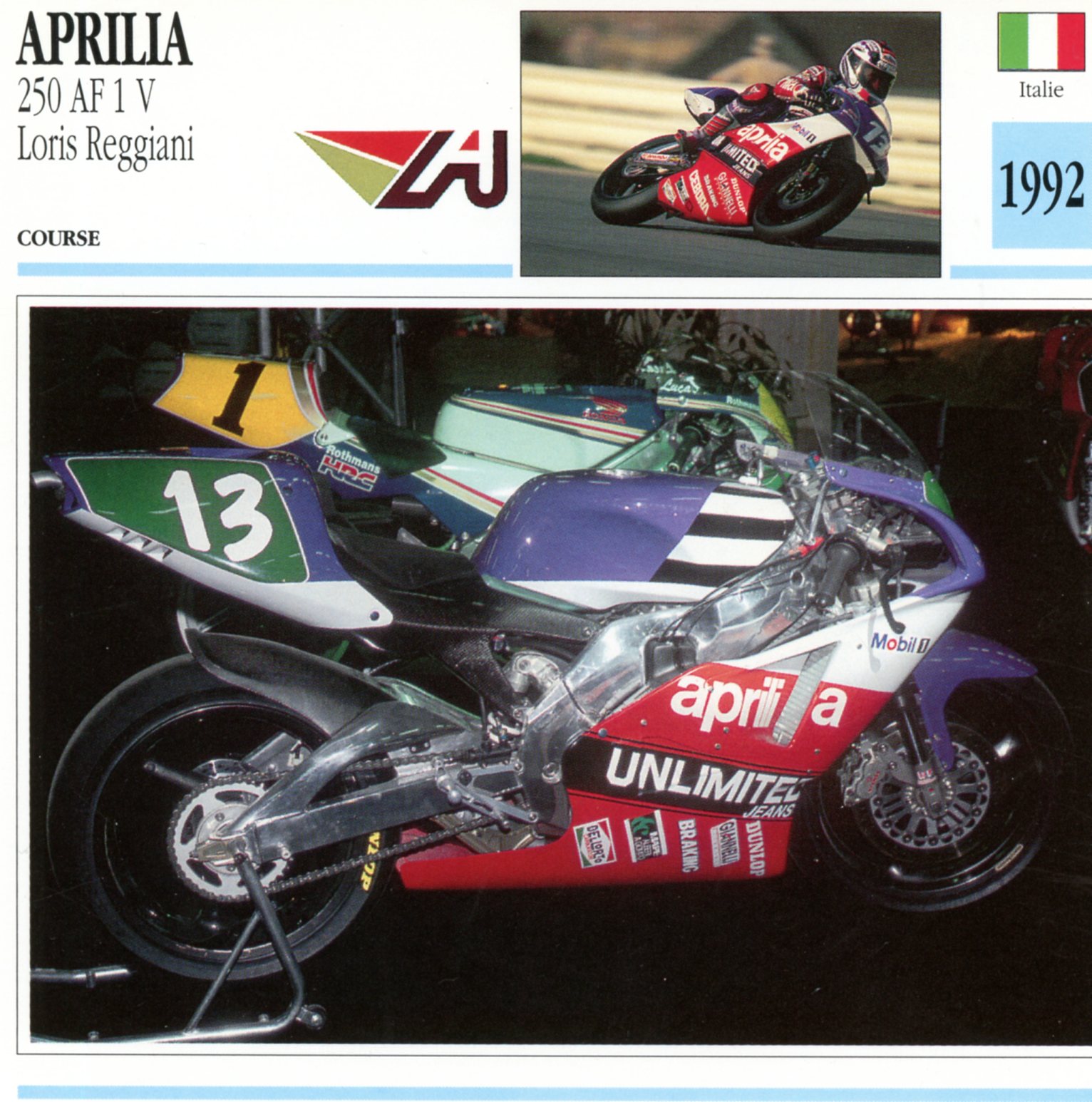 APRILIA 250 AF1 V LORIS REGGIANI 1992 -CARTE-CARD-FICHE-MOTO-LEMASTERBROCKERS
