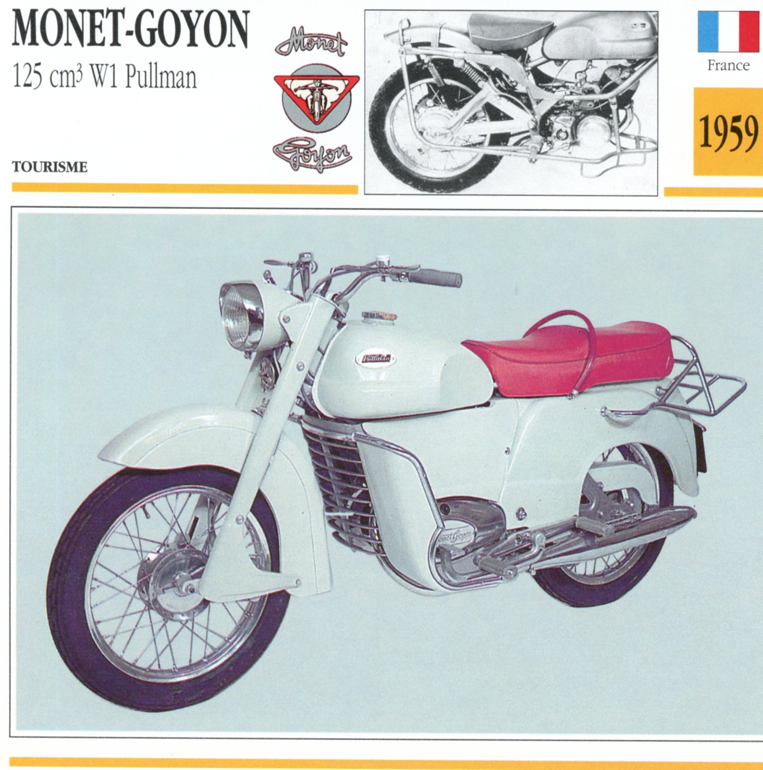 MONEY GOYON 125 W1 PULLMAN 1959 -CARTE-CARD-FICHE-MOTO-LEMASTERBROCKERS