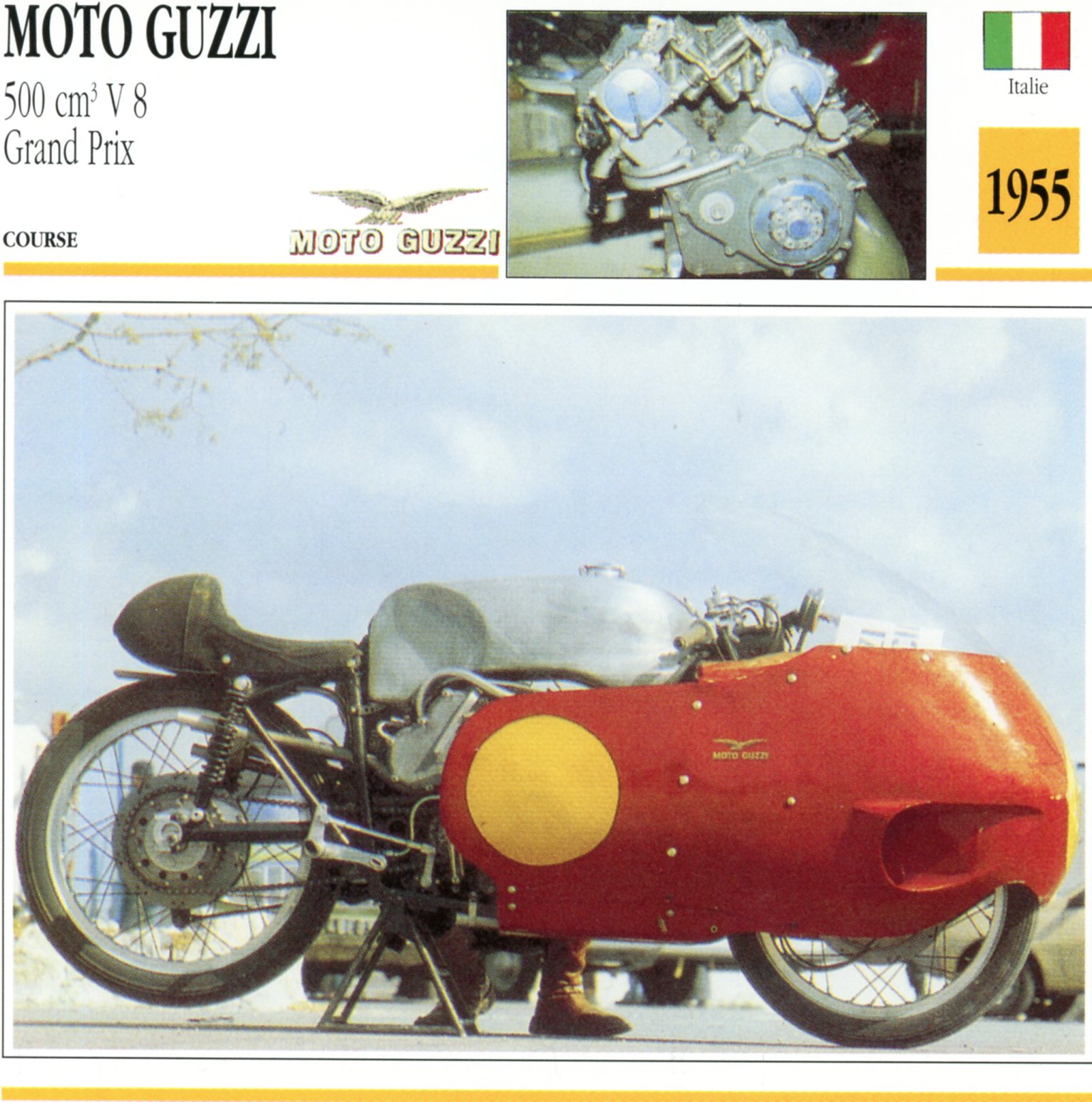 MOTO GUZZI 500 V8  GRAND PRIX 1955 - CARTE CARD FICHE MOTO CARACTERISTIQUES