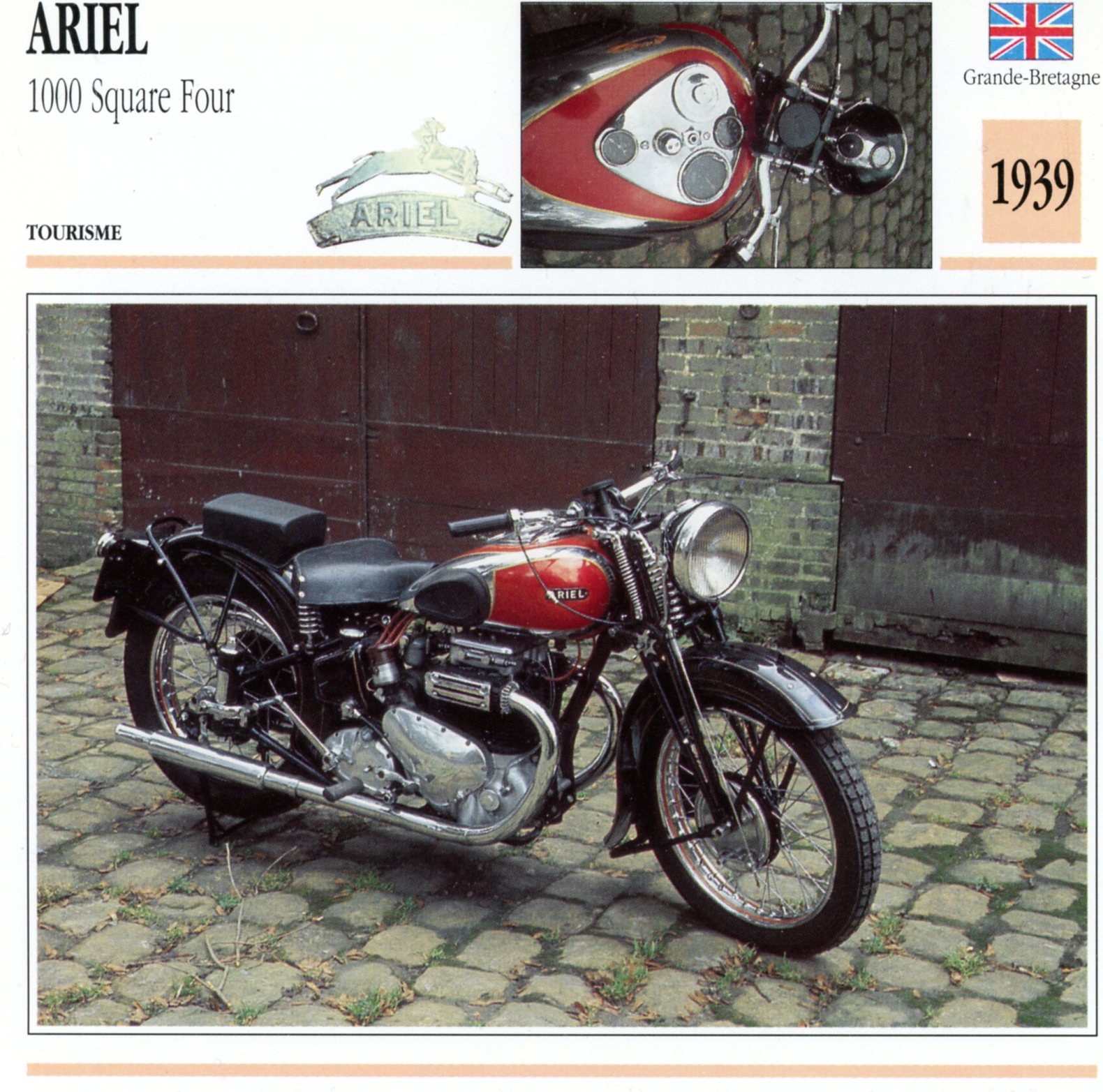 ARIEL 1000 SQUARE FOUR 1939 - CARTE CARD FICHE MOTO CARACTERISTIQUES