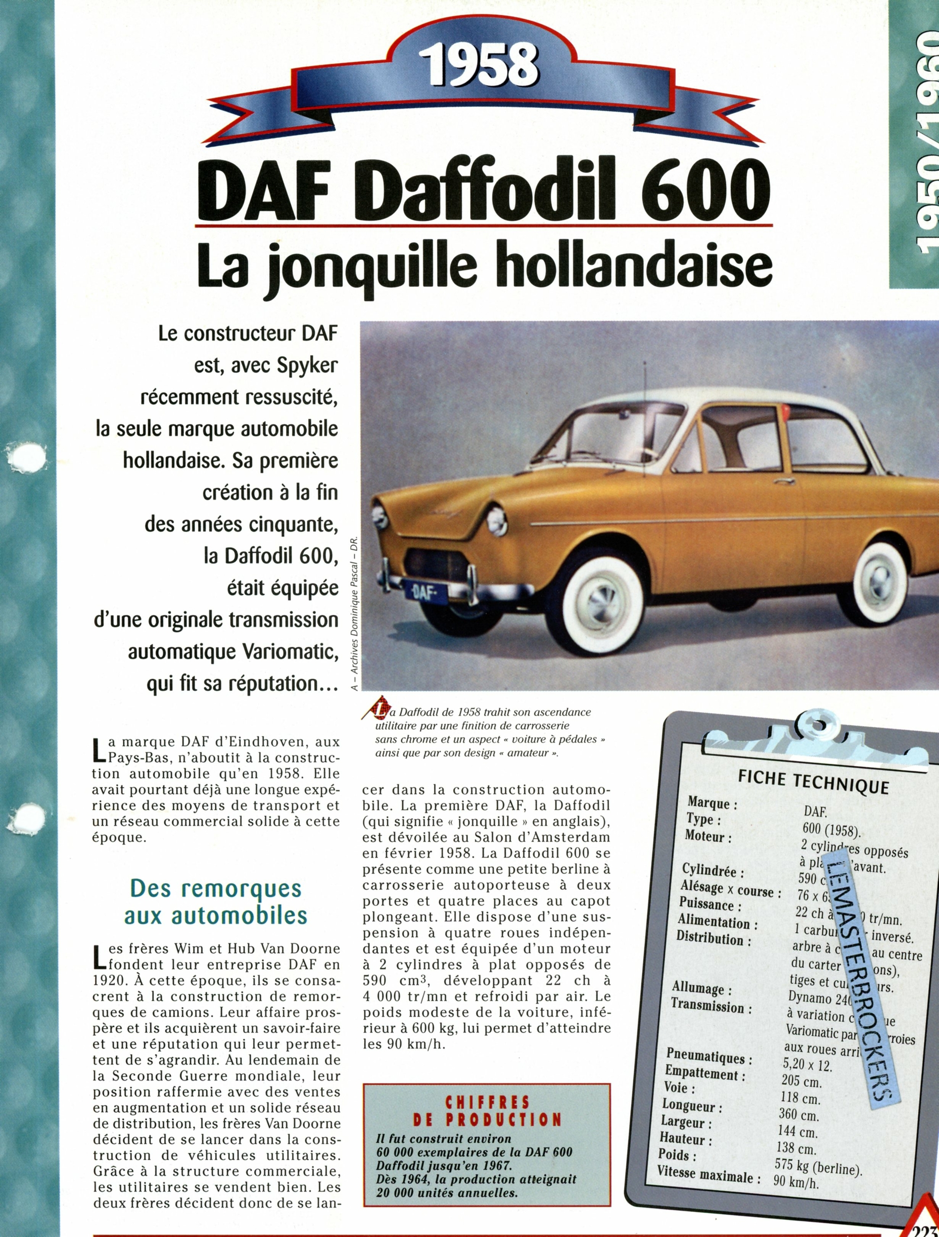 DAF DAFFODIL 600 1958  FICHE AUTO HACHETTE - FICHE TECHNIQUE