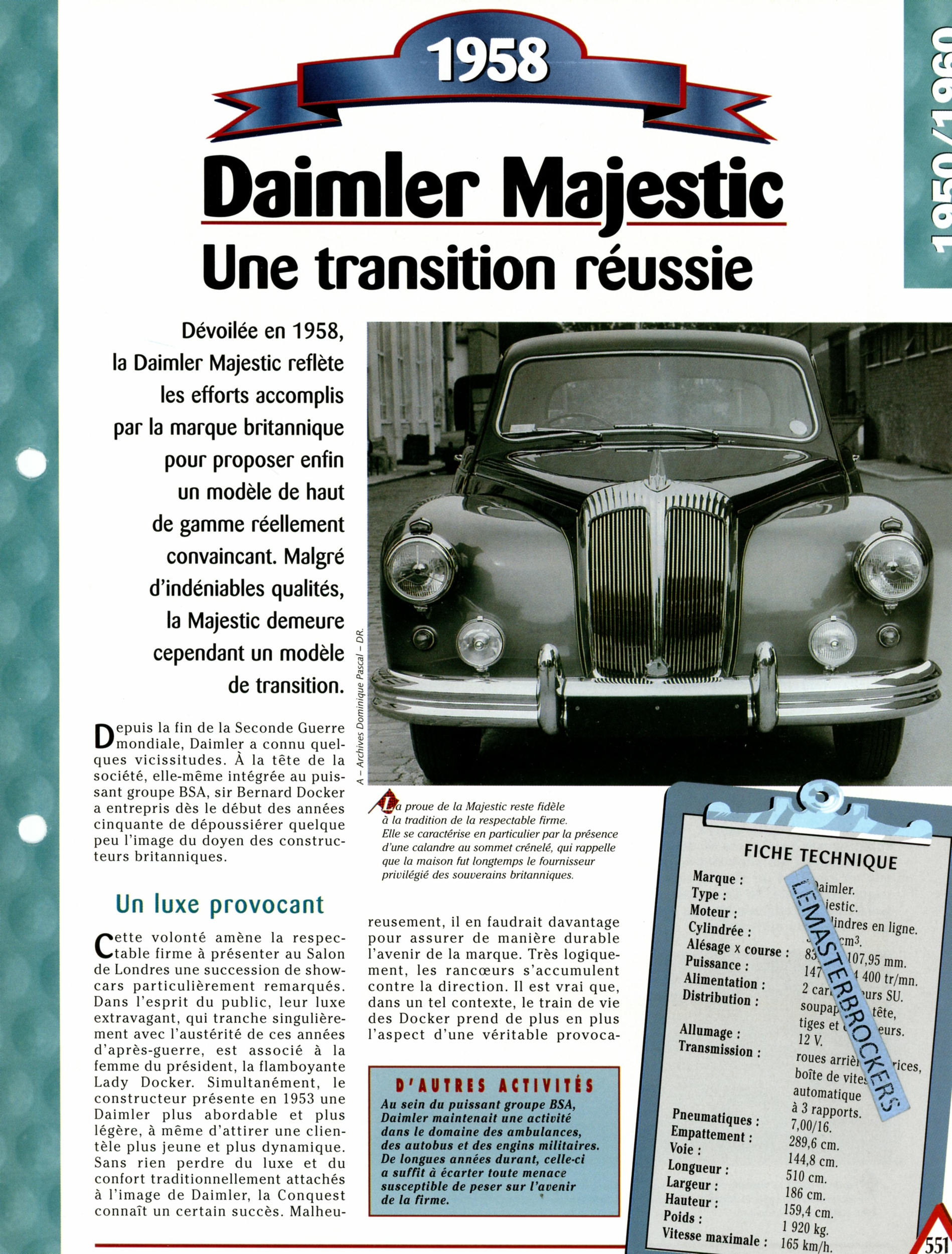 DAIMLER MAJESTIC 1958 FICHE AUTO HACHETTE - FICHE TECHNIQUE