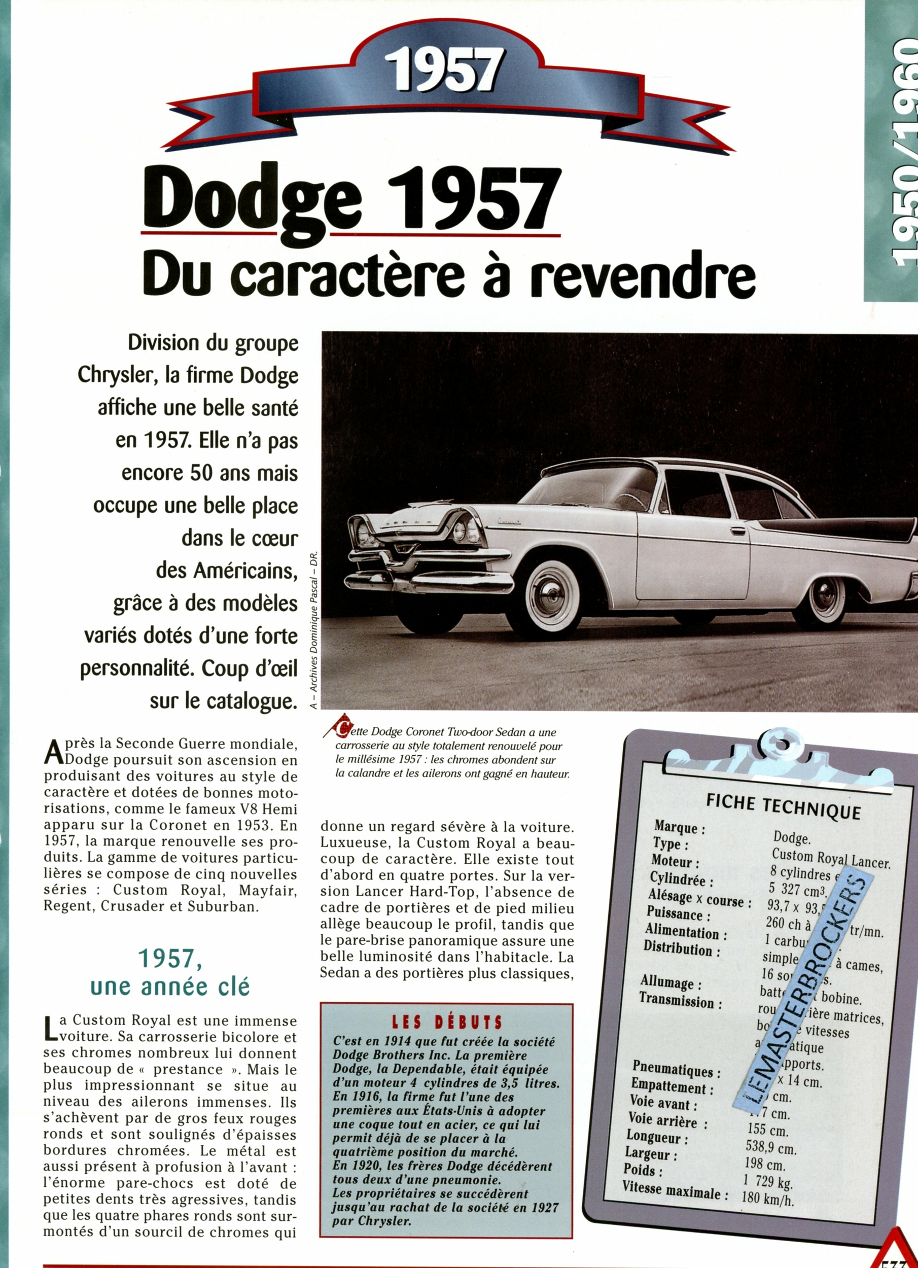 DODGE 1957 FICHE AUTO HACHETTE - FICHE TECHNIQUE