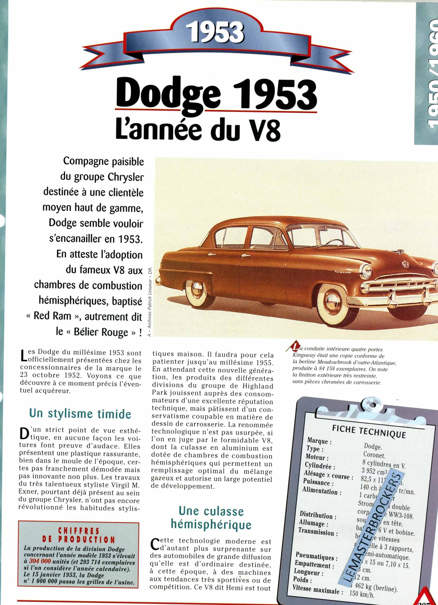 DODGE CORONET V8 FICHE AUTO HACHETTE - FICHE TECHNIQUE