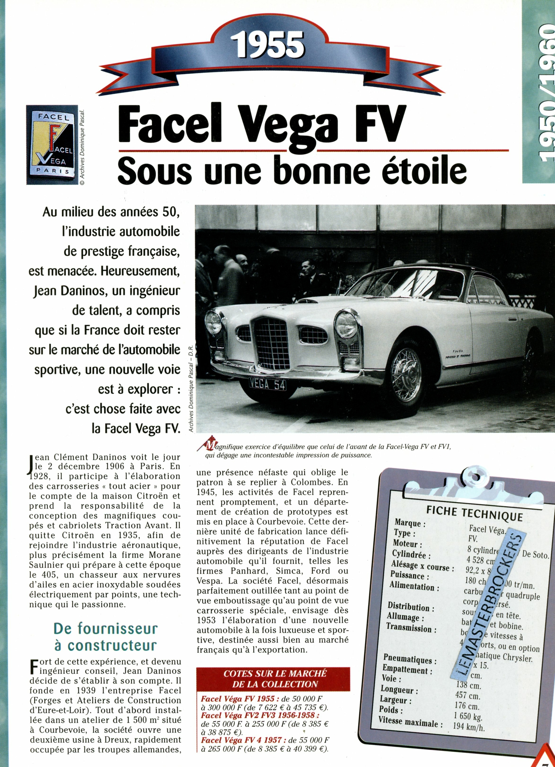 FACEL VEGA FV 1955 FICHE AUTO HACHETTE - FICHE TECHNIQUE