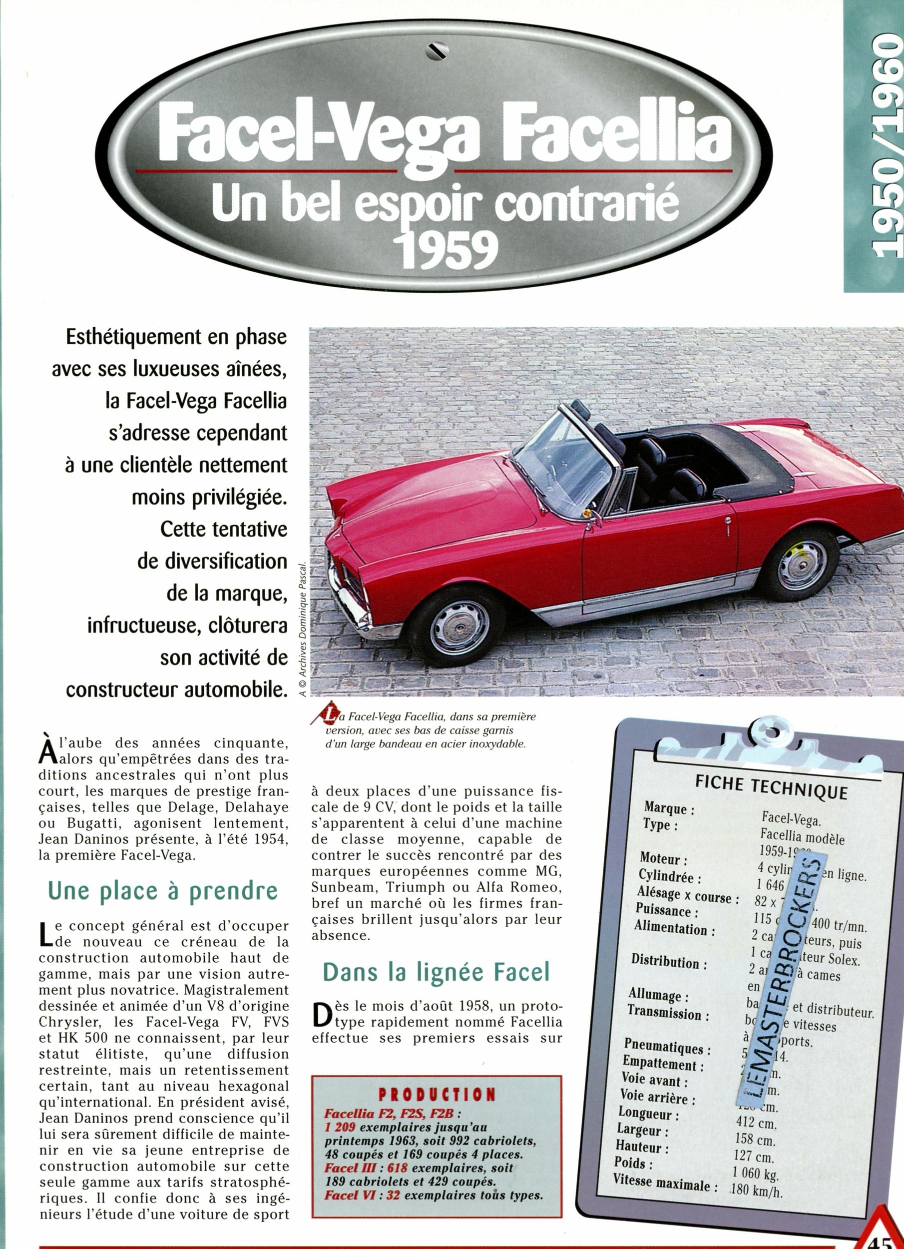 FACEL VEGA FACELLIA 1959 -FICHE AUTO TECHNIQUE-LEMASTERBROCKERS