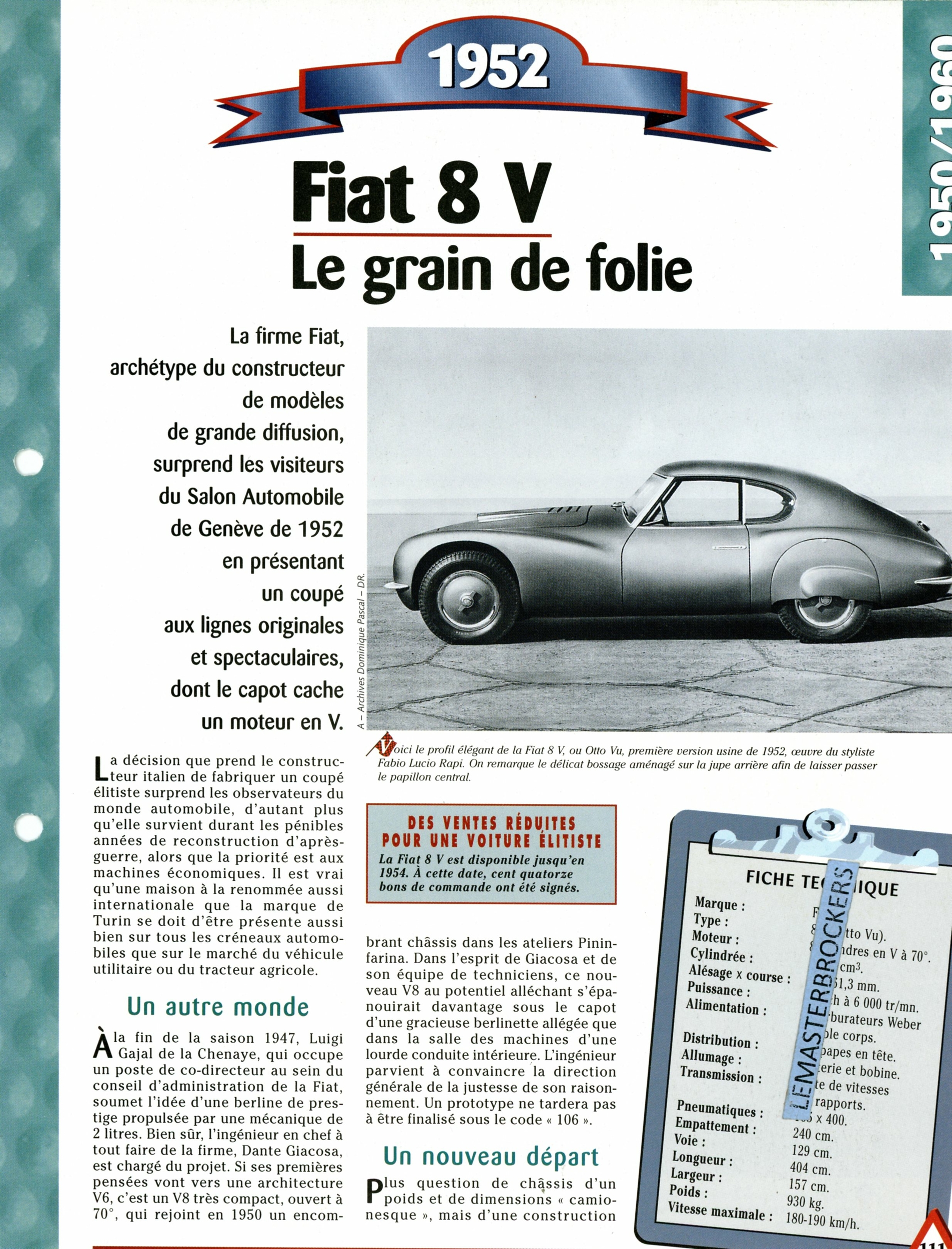FIAT 8V OTTO VU 1952 FICHE AUTO HACHETTE - FICHE TECHNIQUE