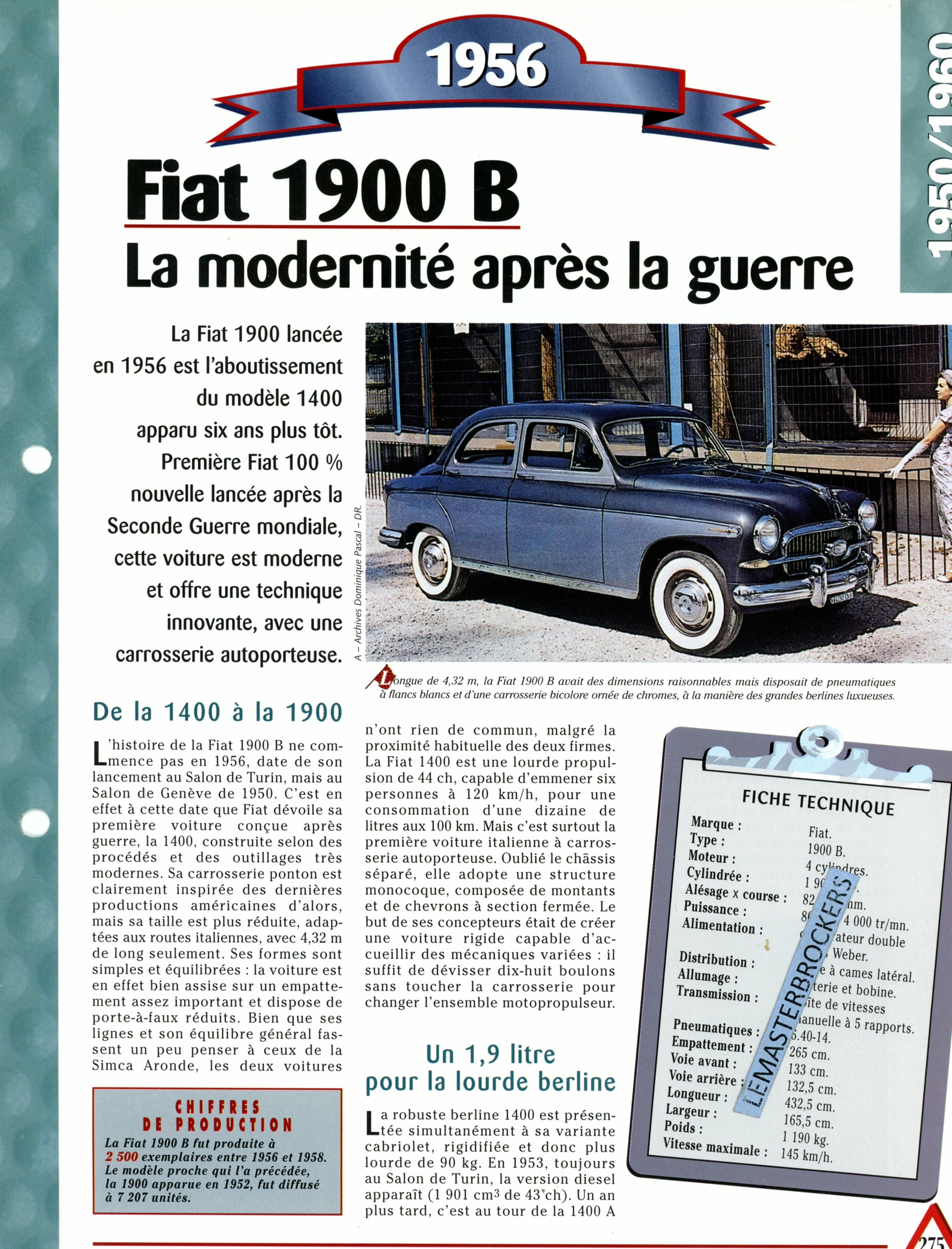 FIAT 1900 1956-FICHE AUTO TECHNIQUE-LEMASTERBROCKERS