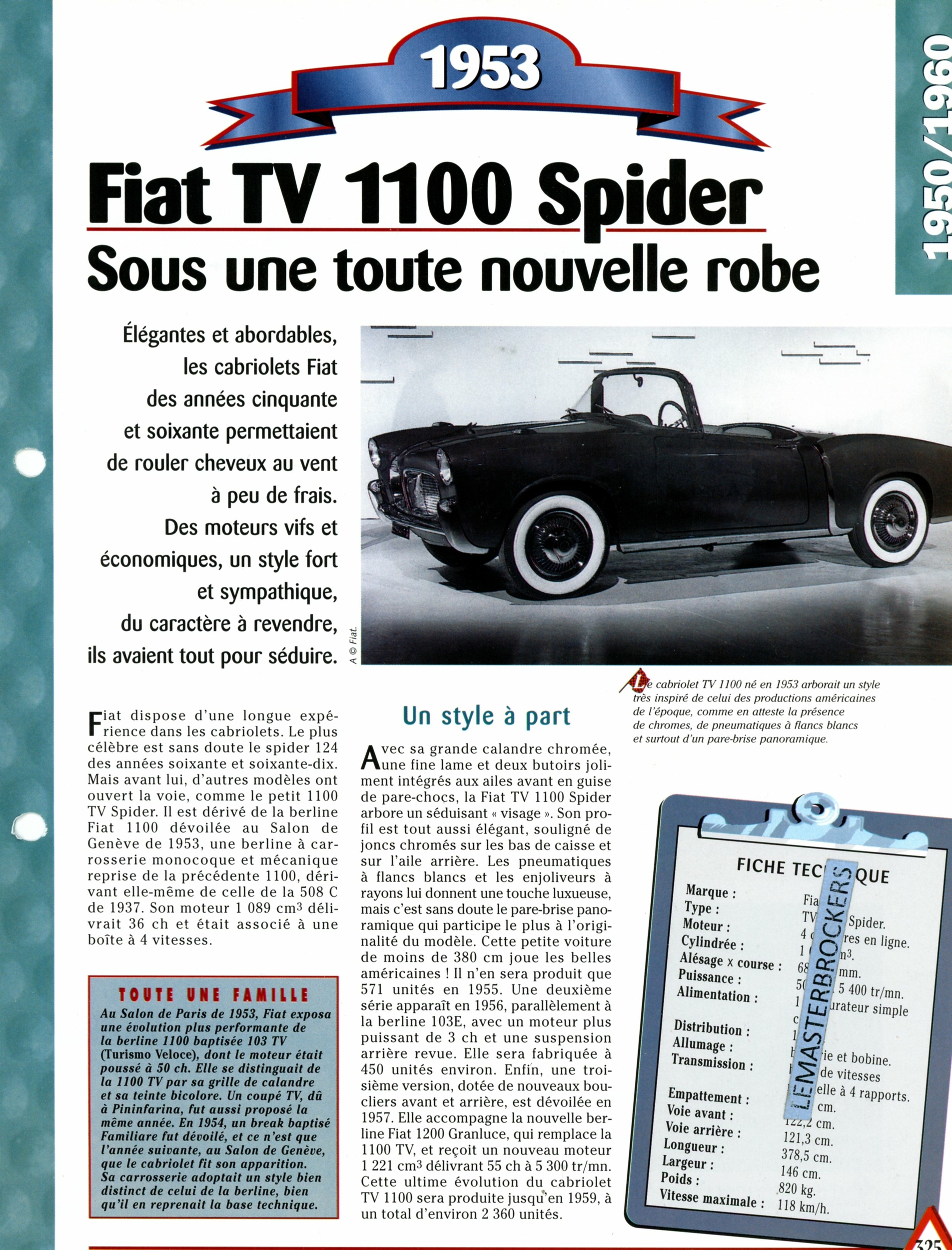 FIAT TV 1100 SPIDER 1953 FICHE AUTO HACHETTE - FICHE TECHNIQUE