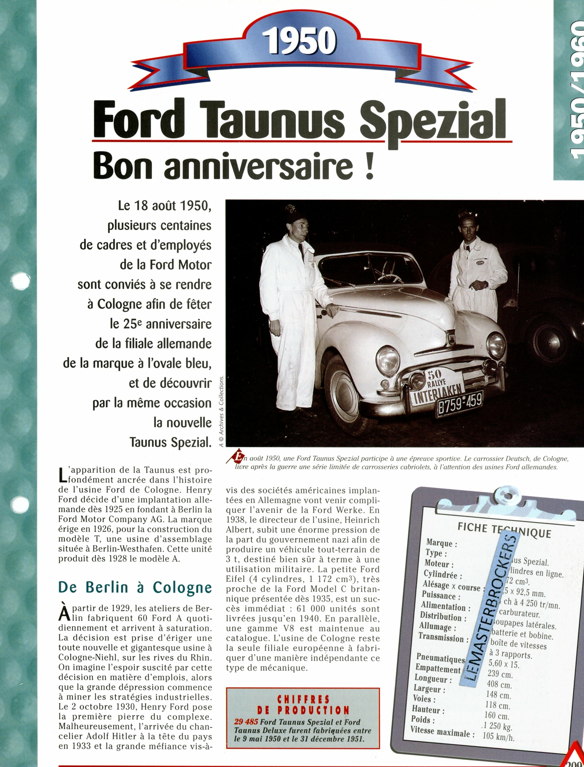 FORD TAUNUS SPEZIAL 1950 -FICHE AUTO TECHNIQUE-LEMASTERBROCKERS