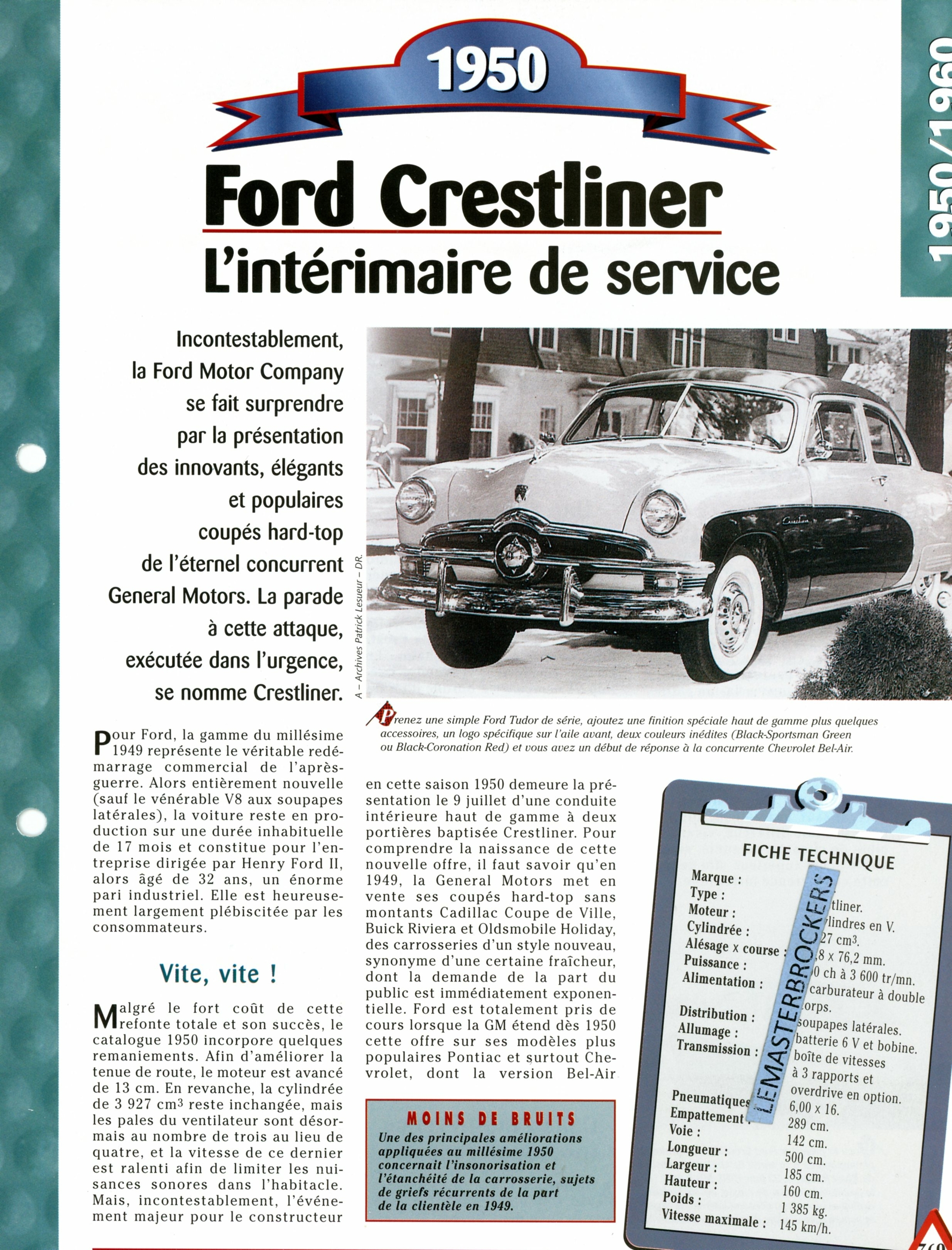 FORD CRESTLINER 1950-FICHE AUTO TECHNIQUE-LEMASTERBROCKERS