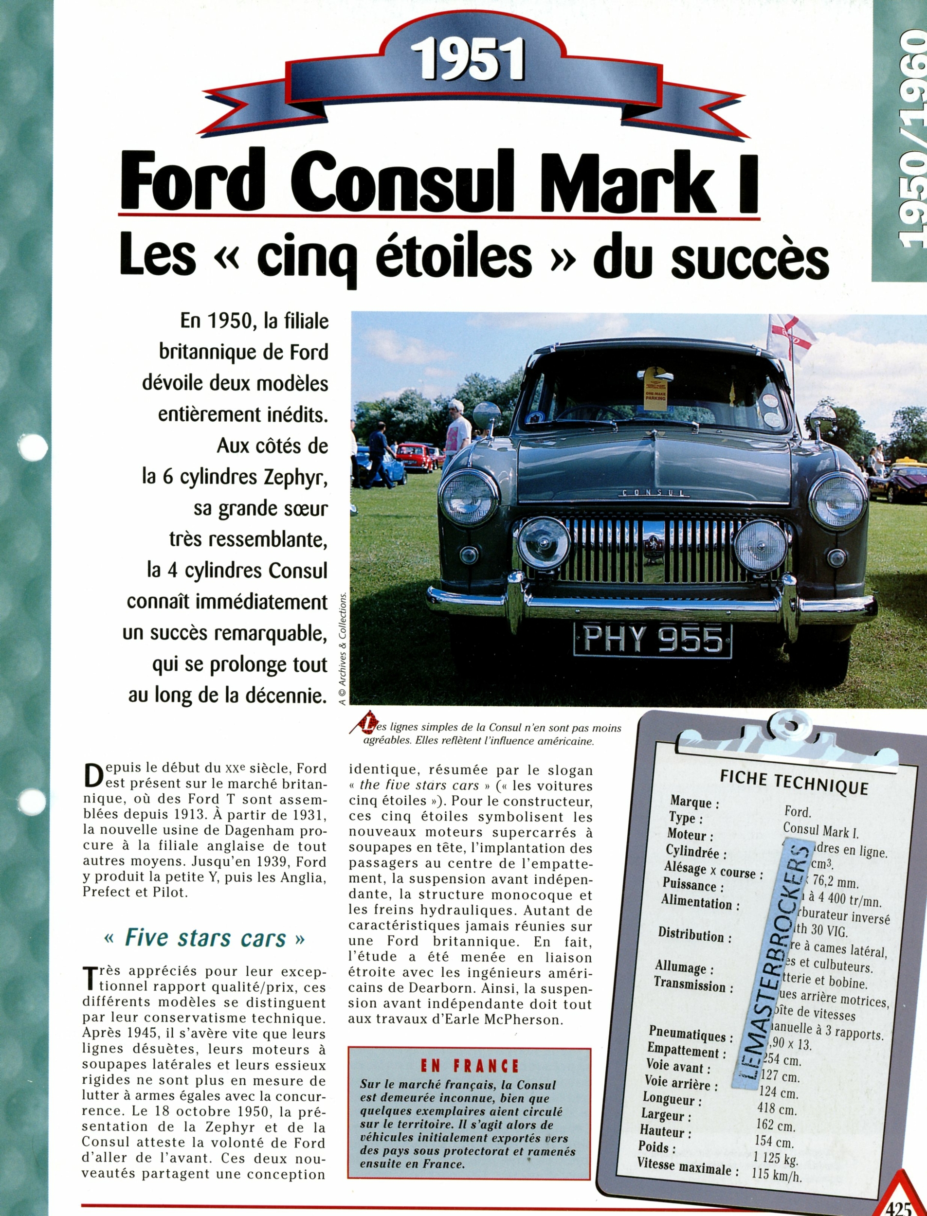 FORD CONSUL MARK1 1951 -FICHE AUTO TECHNIQUE-LEMASTERBROCKERS