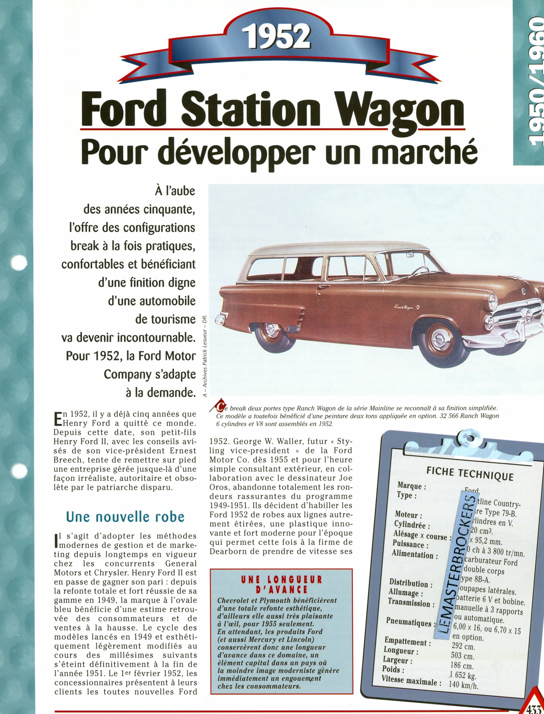 FORD STATION WAGON 1952-FICHE AUTO TECHNIQUE-LEMASTERBROCKERS