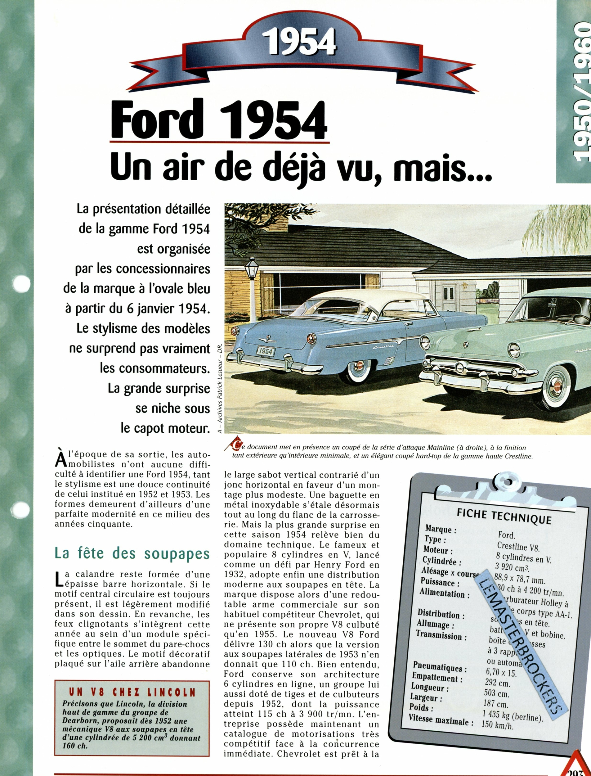 FORD 1954 CRESTLINE V8 FICHE AUTO HACHETTE - FICHE TECHNIQUE