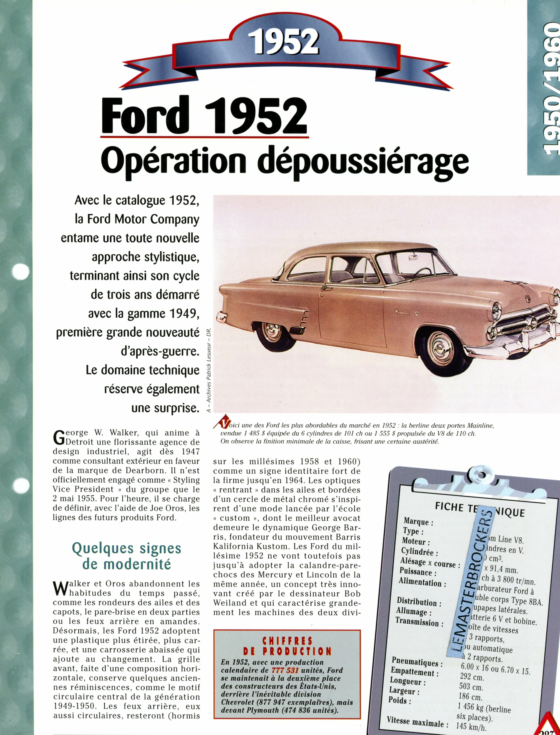 FORD CUSTOM V8 1952-FICHE AUTO TECHNIQUE-LEMASTERBROCKERS