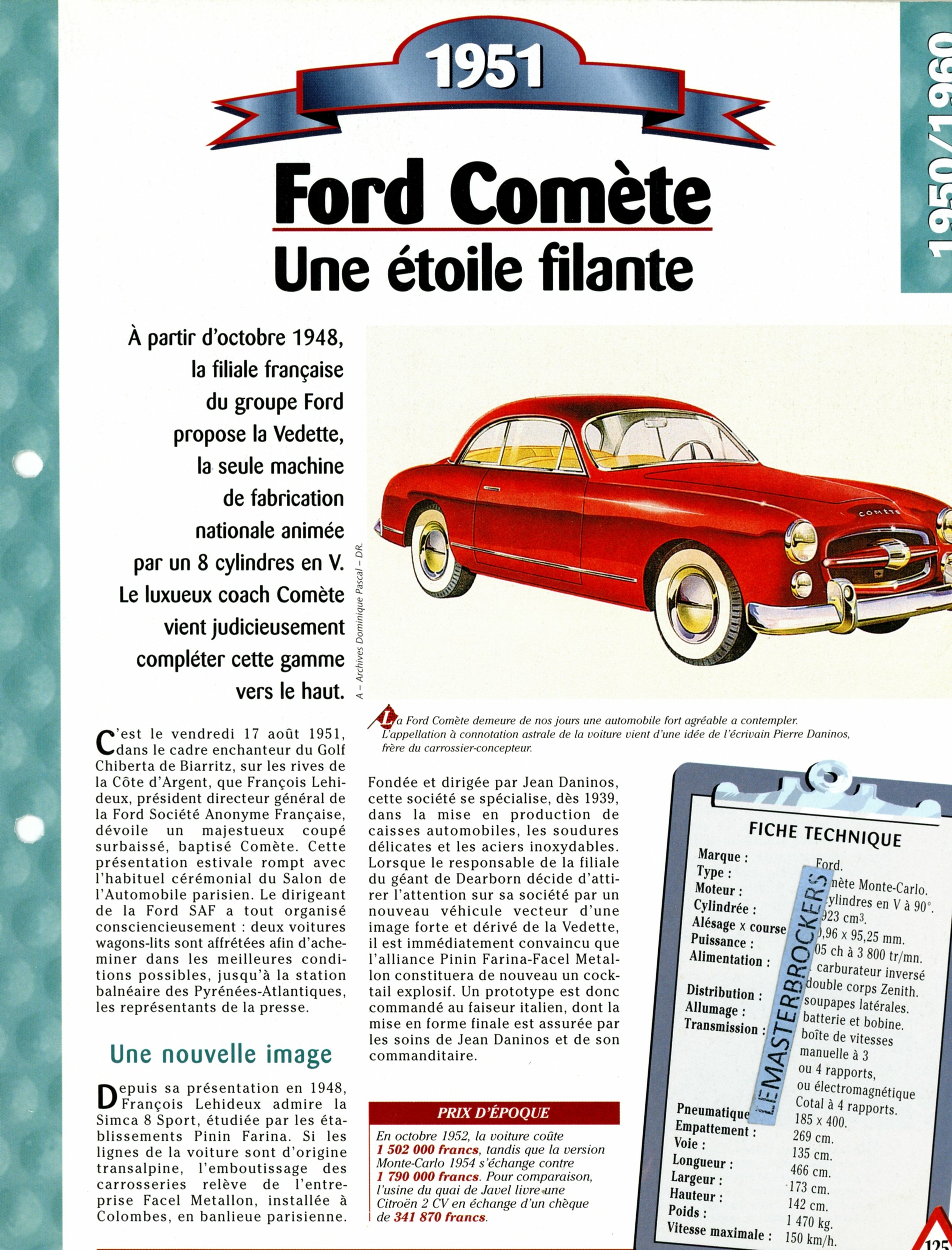 FORD COMÈTE 1951-FICHE AUTO TECHNIQUE-LEMASTERBROCKERS
