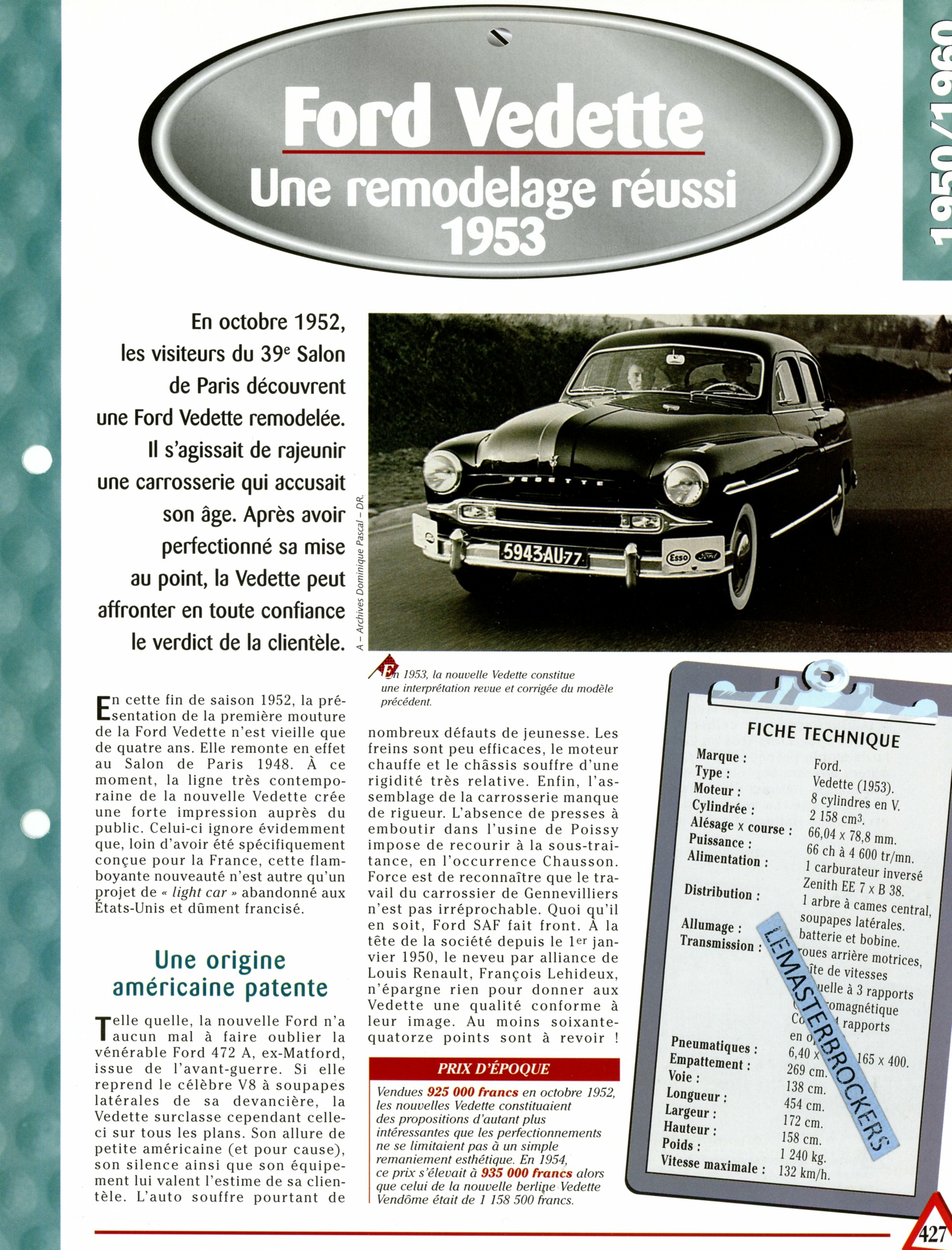 FORD VEDETTE 1953-FICHE AUTO TECHNIQUE-LEMASTERBROCKERS