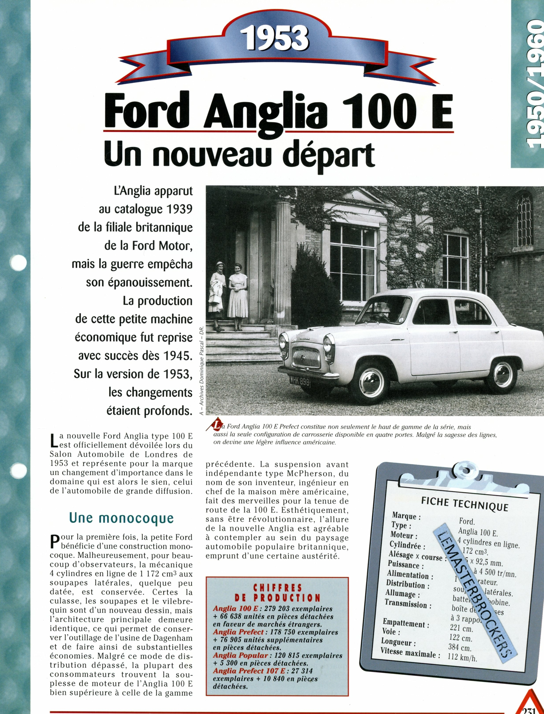 FORD ANGLIA 100 E 1953 FICHE AUTO HACHETTE - FICHE TECHNIQUE