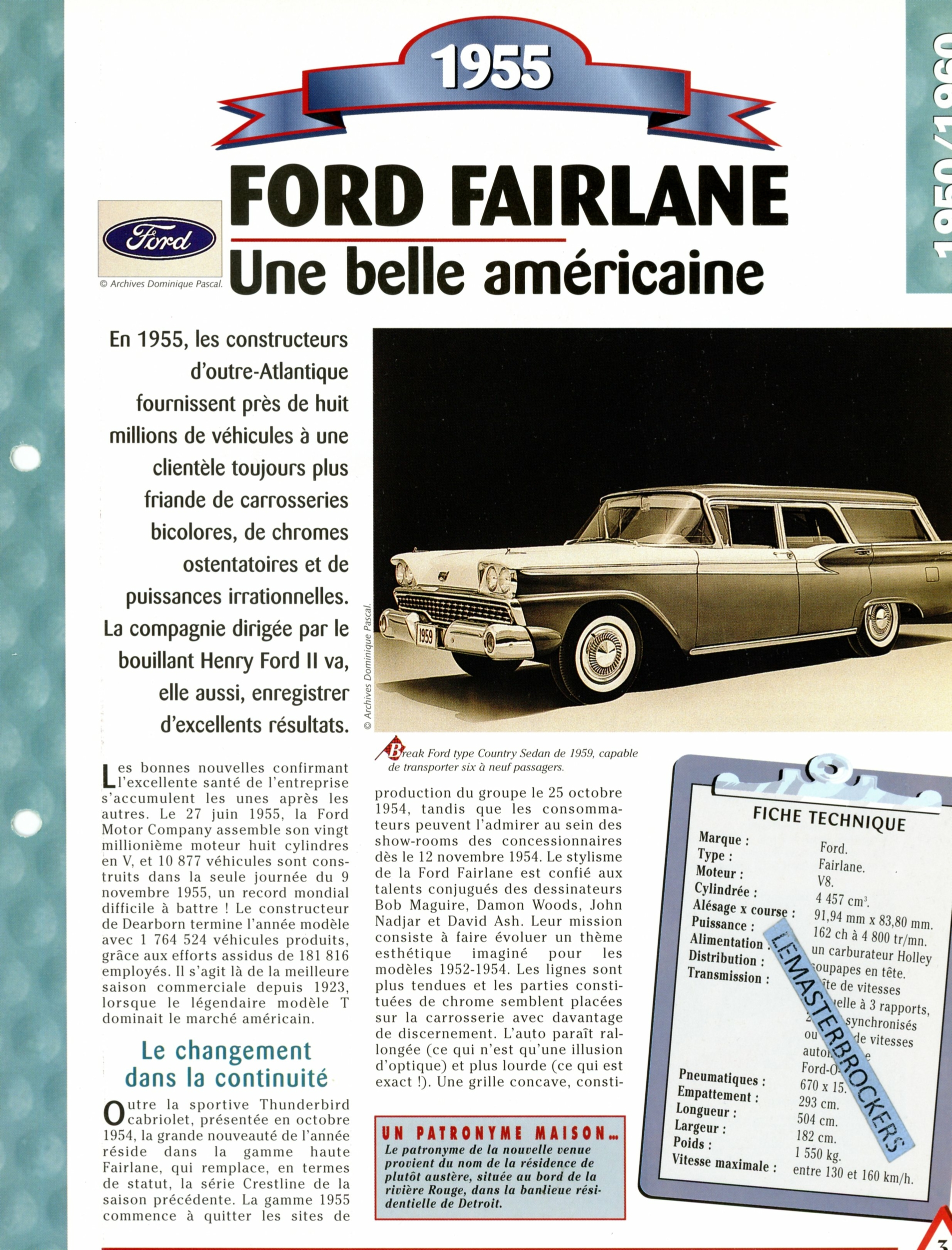 FORD FAIRLAINE V8 1955 FICHE AUTO HACHETTE - FICHE TECHNIQUE