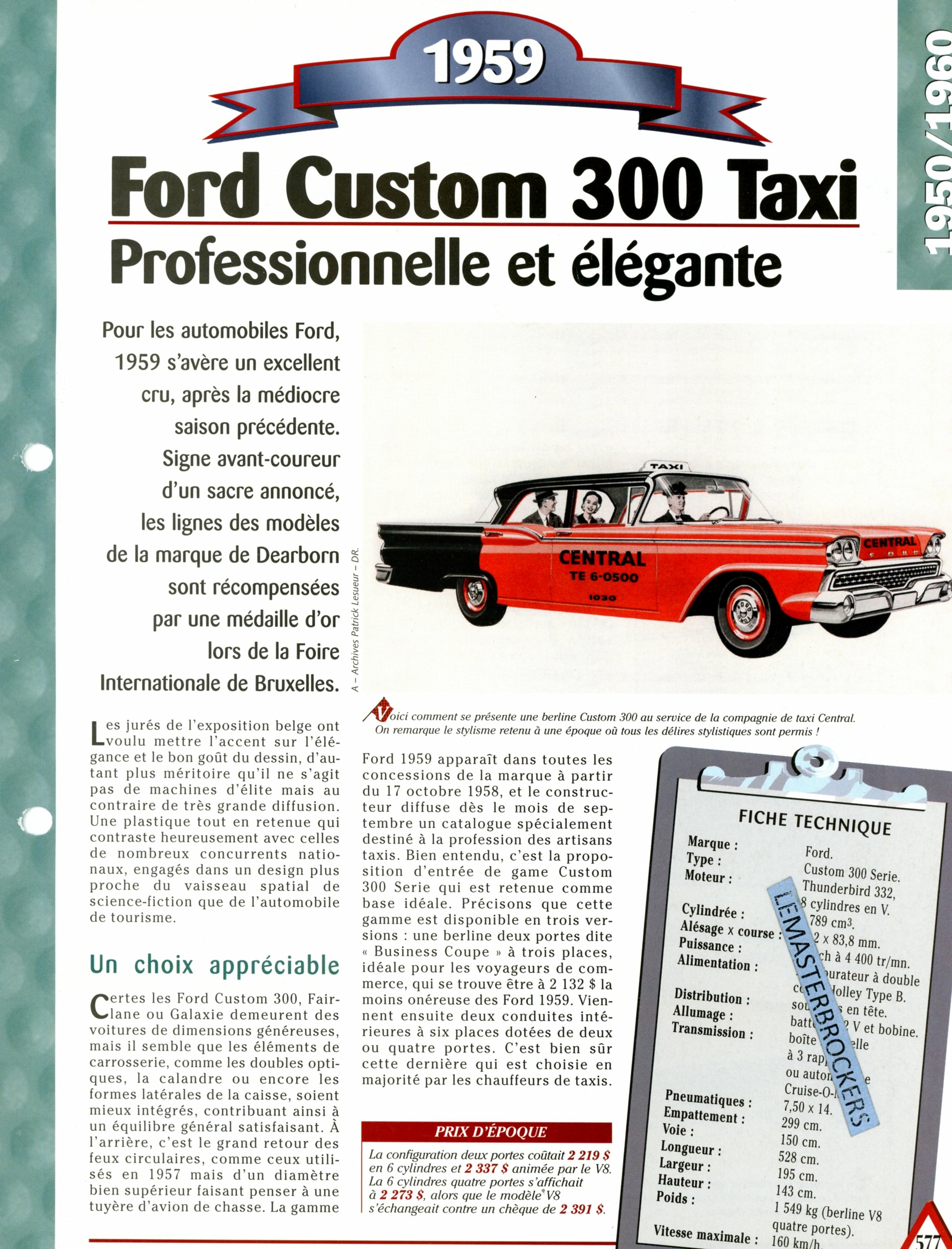FORD CUSTOM 300 TAXI 1959-FICHE AUTO TECHNIQUE-LEMASTERBROCKERS
