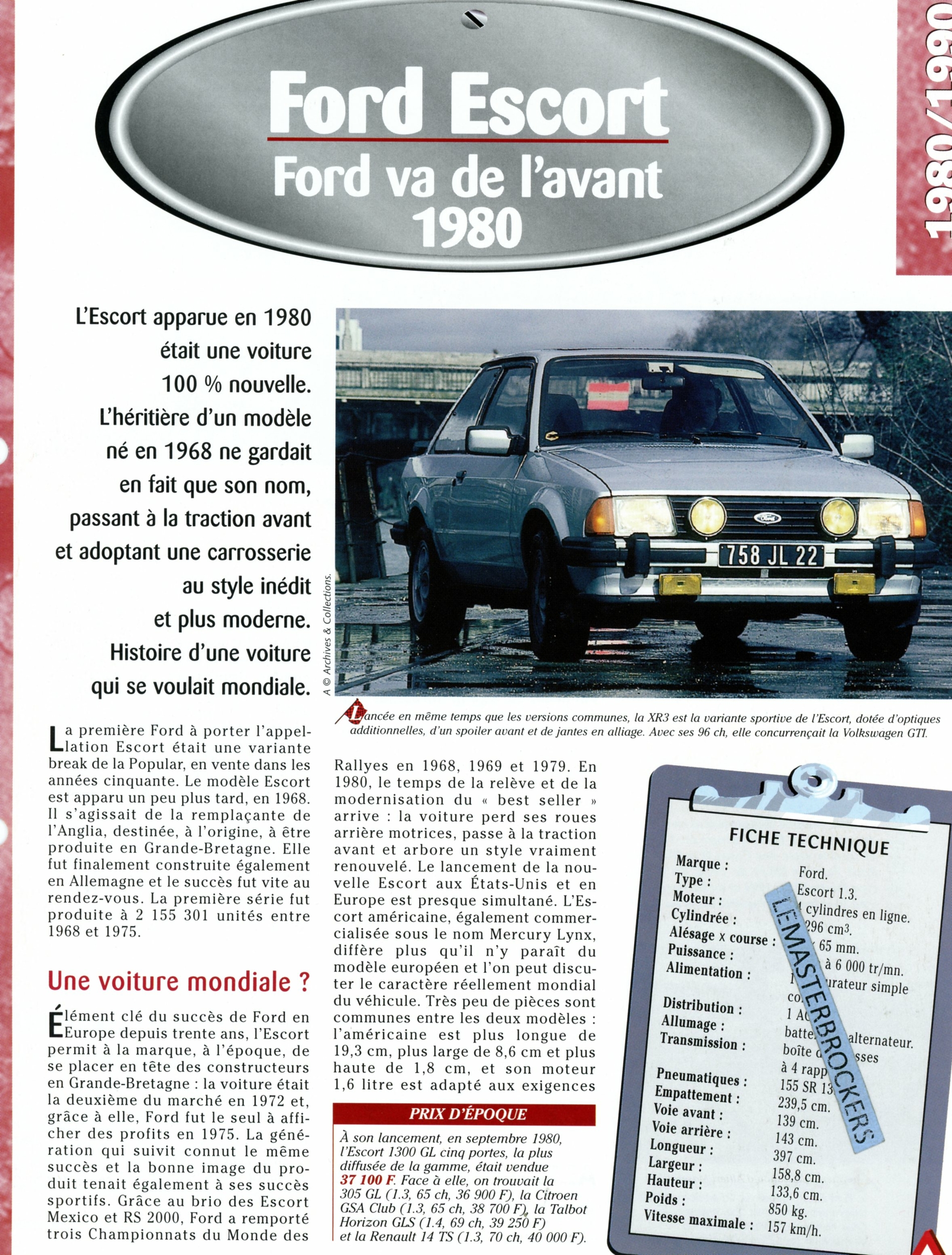 FICHE FORD ESCORT 1980 - FICHE AUTO TECHNIQUE ESCORT 1.3