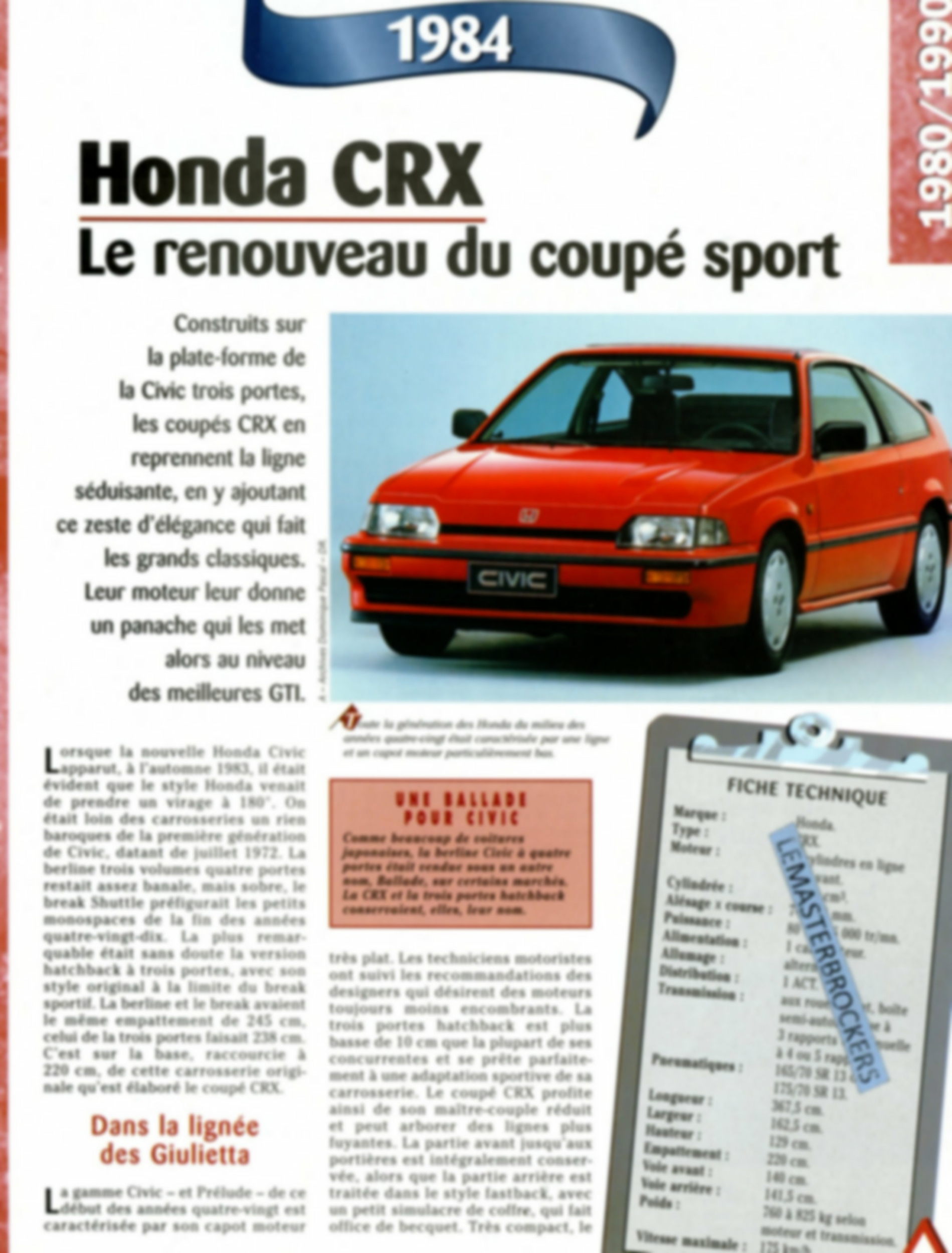 FICHE HONDA CRX 1984- FICHE AUTO TECHNIQUE