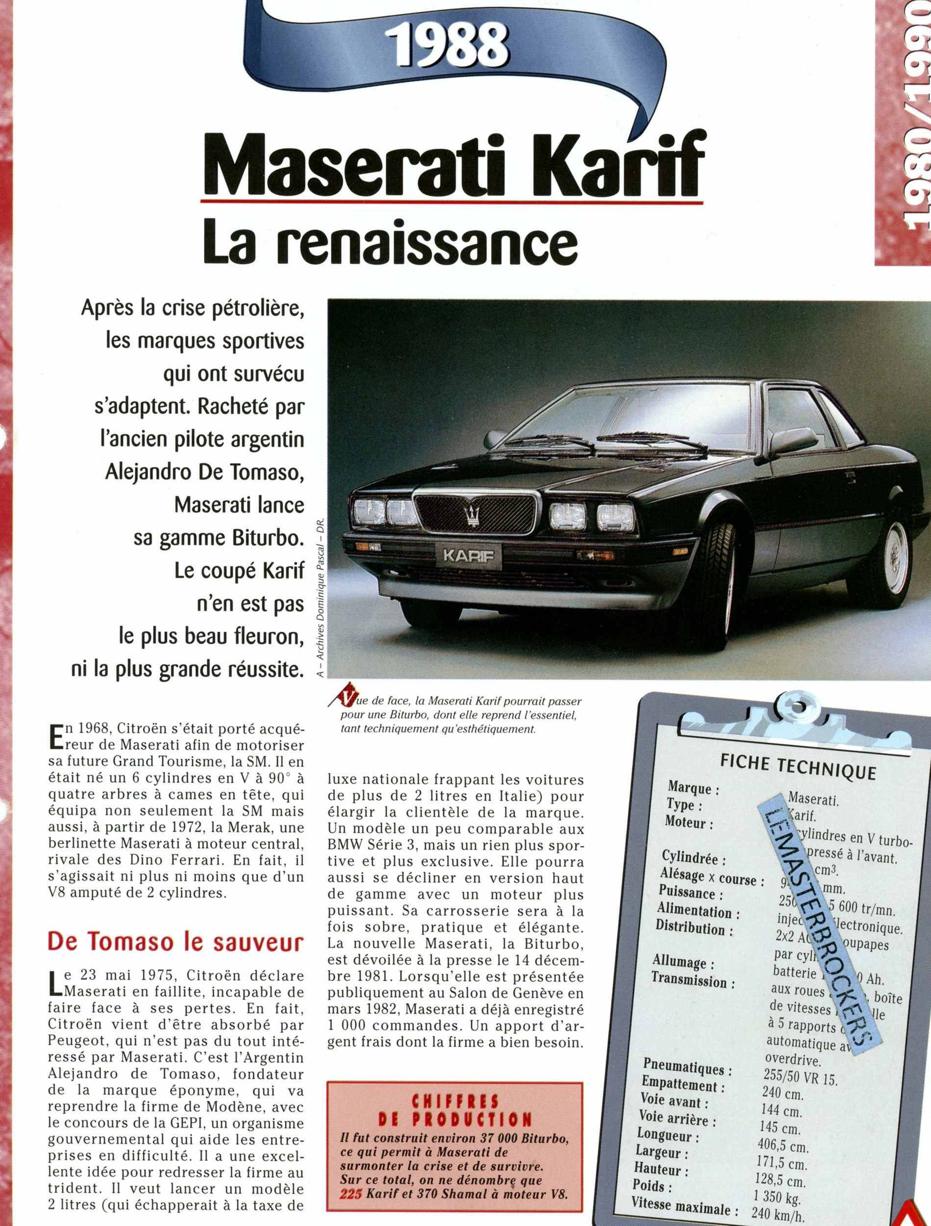 FICHE MASERATI KARIF 1988 - FICHE AUTO TECHNIQUE