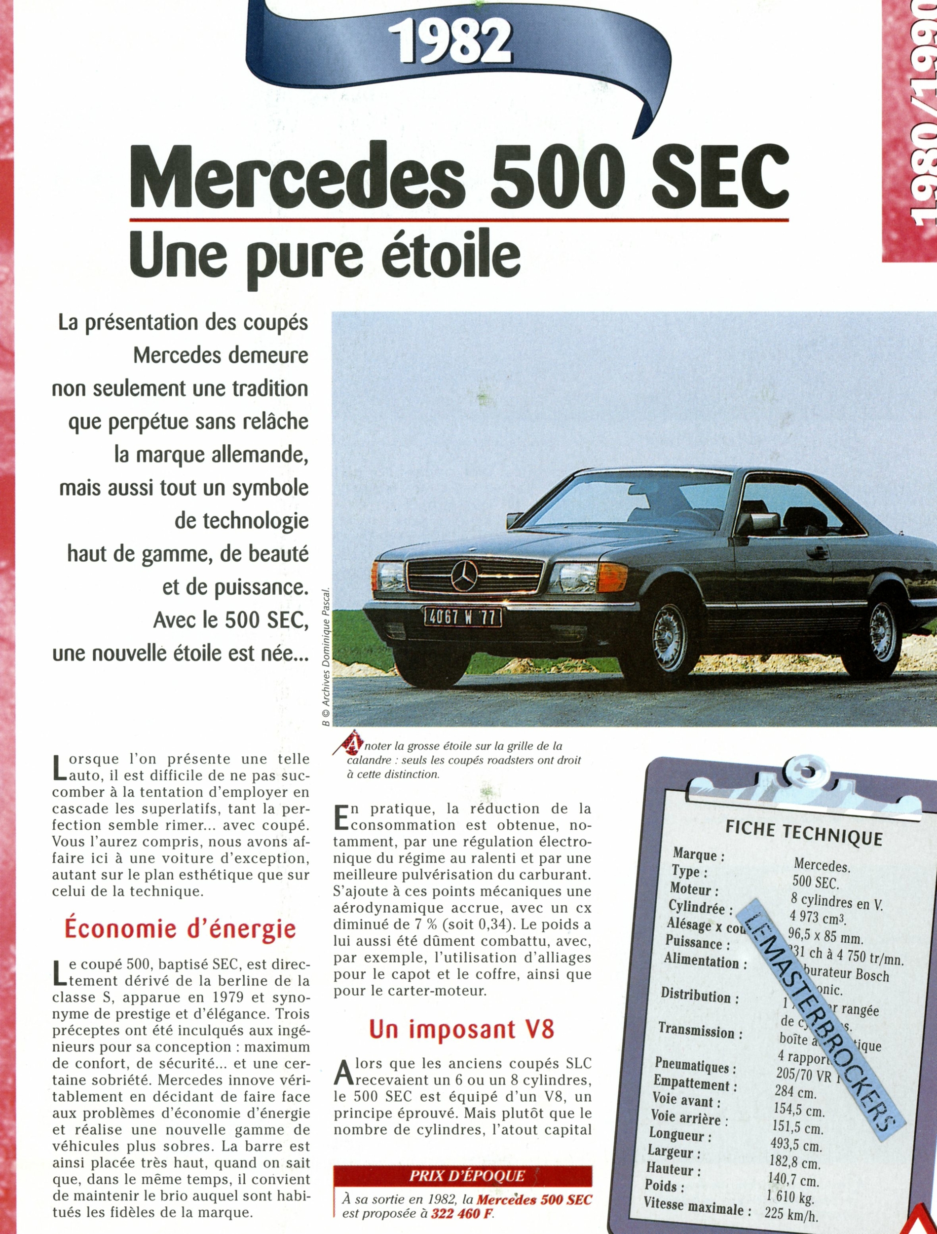 FICHE MERCEDES 500 SEC 1982 -LEMASTERBROCKERS-FICHE-AUTO-TECHNIQUE