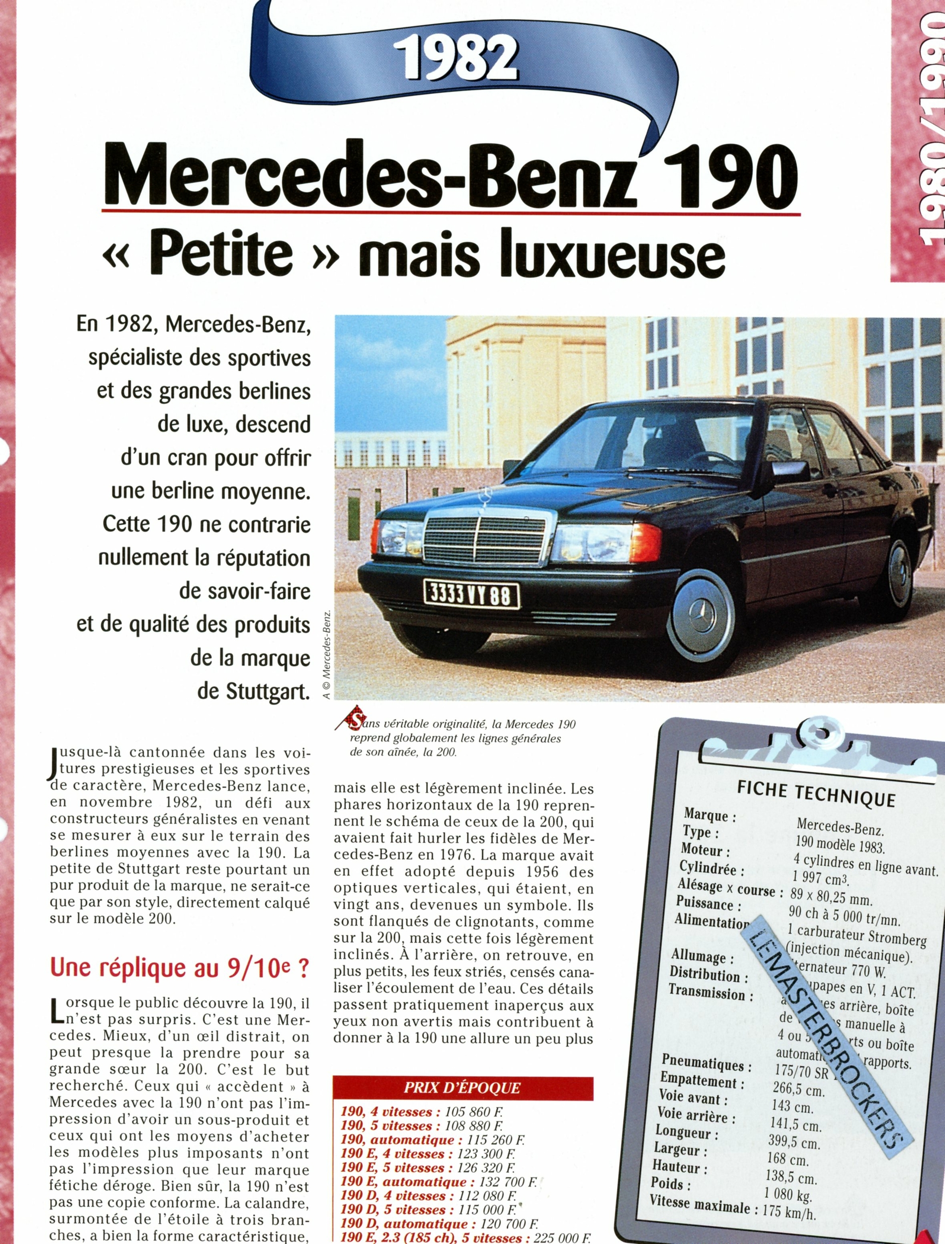 FICHE MERCEDES 190 1983 -LEMASTERBROCKERS-FICHE-AUTO-TECHNIQUE