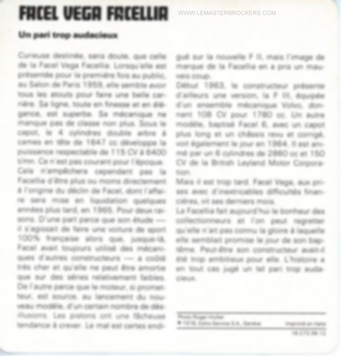 BROCHURE-FICHE FACEL VEGA FACELLIA 1959-1964