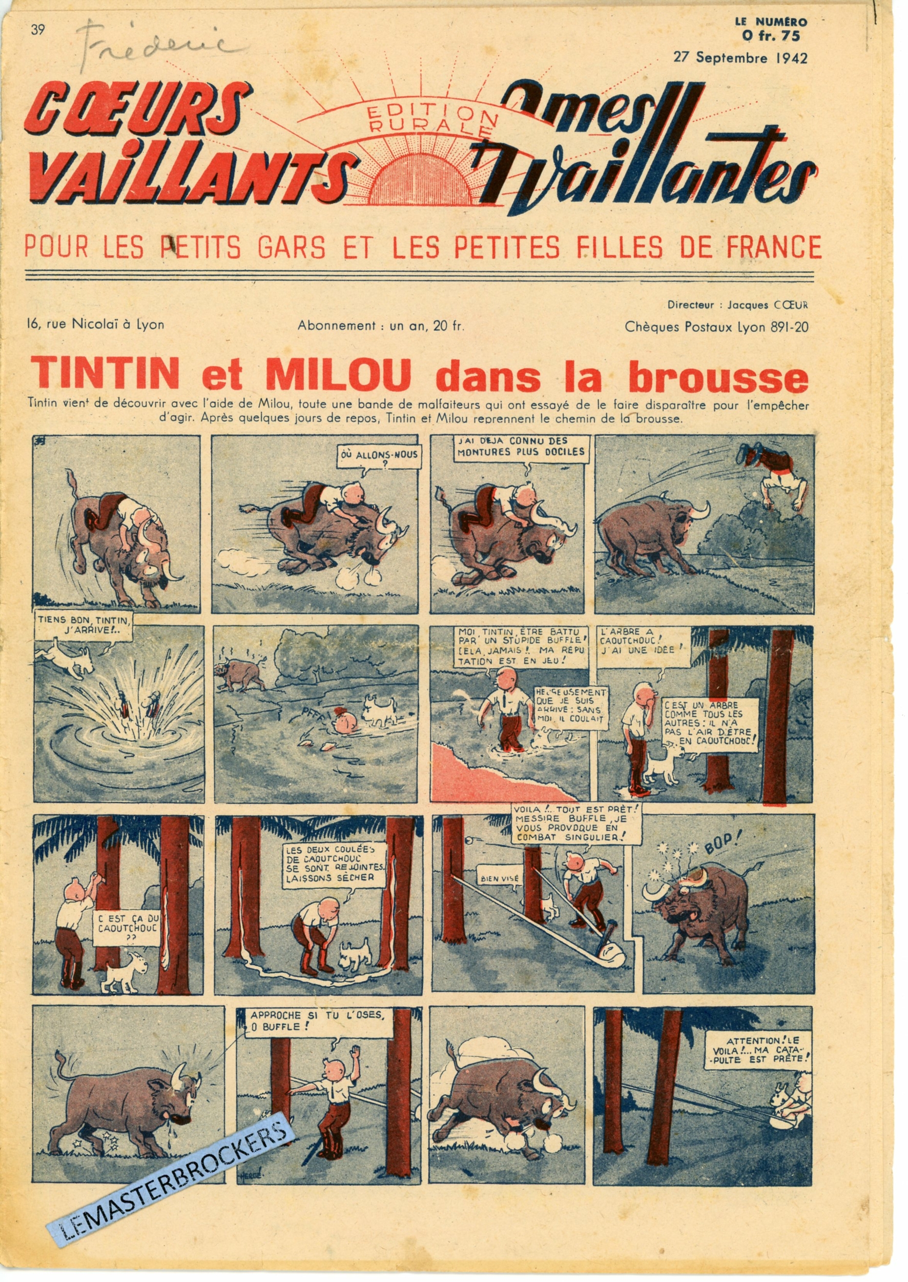 TINTIN ET MILOU DANS LA BROUSSE - COEURS VAILLANTS N° 39 - SUPPLÉMENT BIMENSUEL 1942