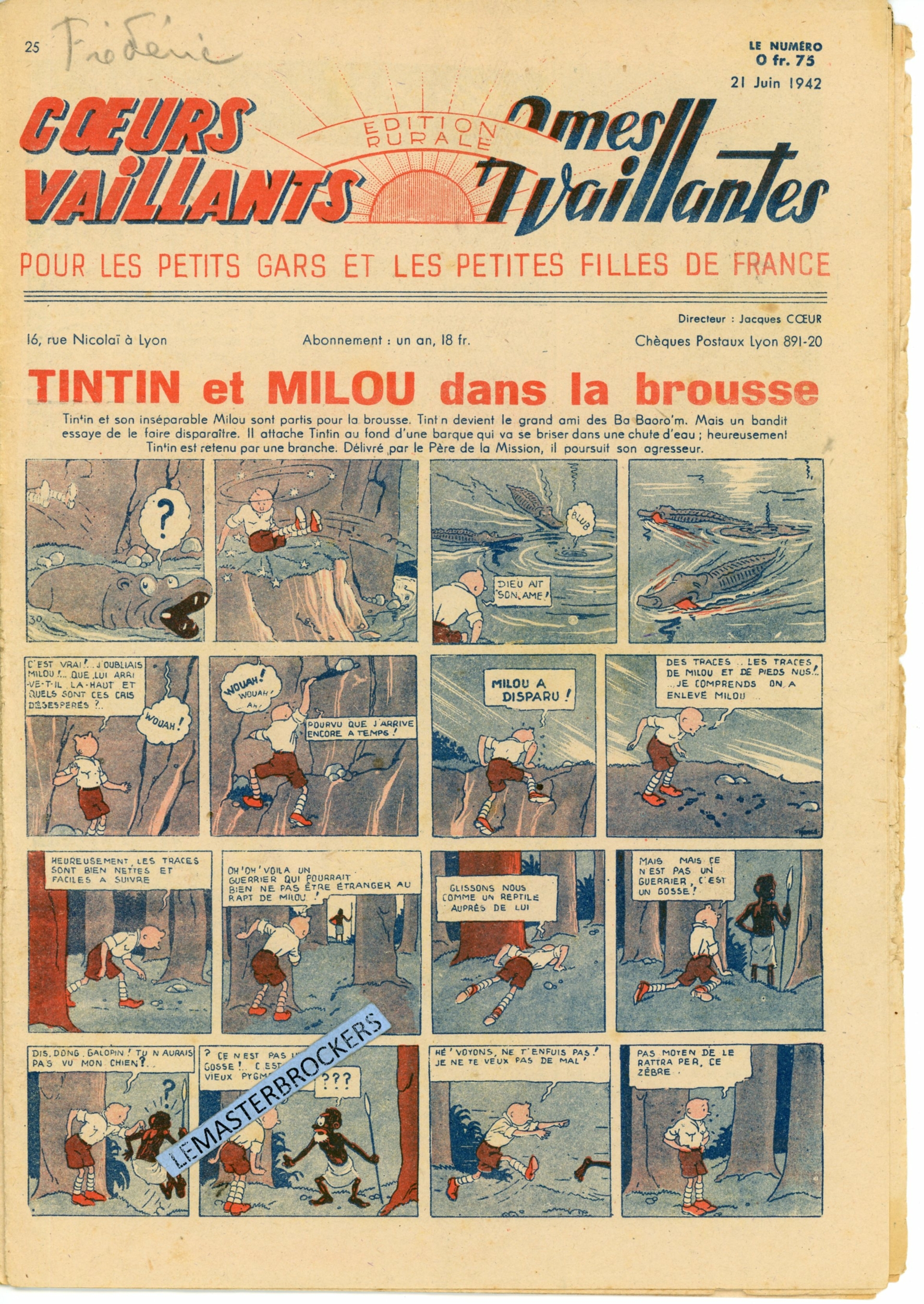 TINTIN ET MILOU DANS LA BROUSSE - COEURS VAILLANTS N° 25 - SUPPLÉMENT BIMENSUEL 21 JUIN 1942