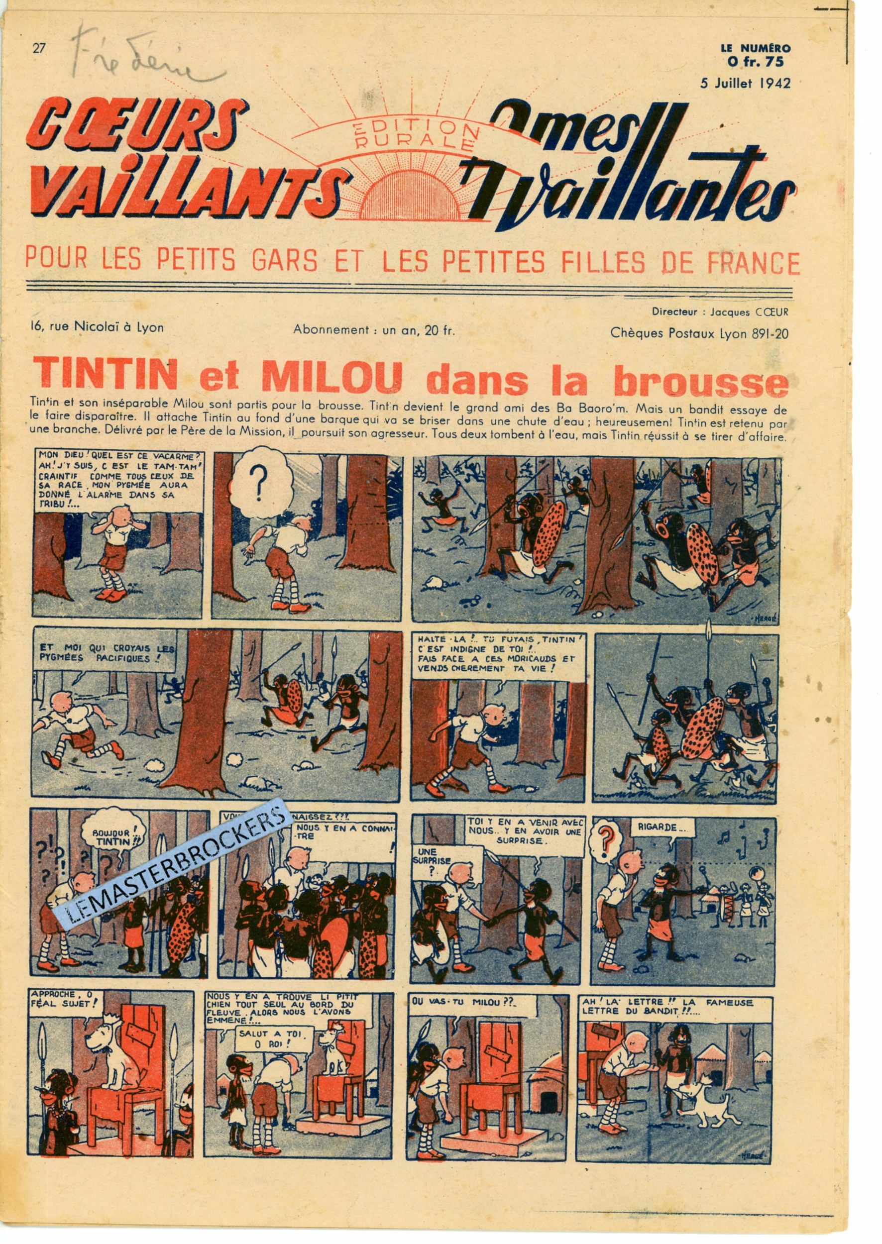 TINTIN ET MILOU DANS LA BROUSSE - COEURS VAILLANTS N° 27 - SUPPLÉMENT BIMENSUEL 5 JUILLET 1942