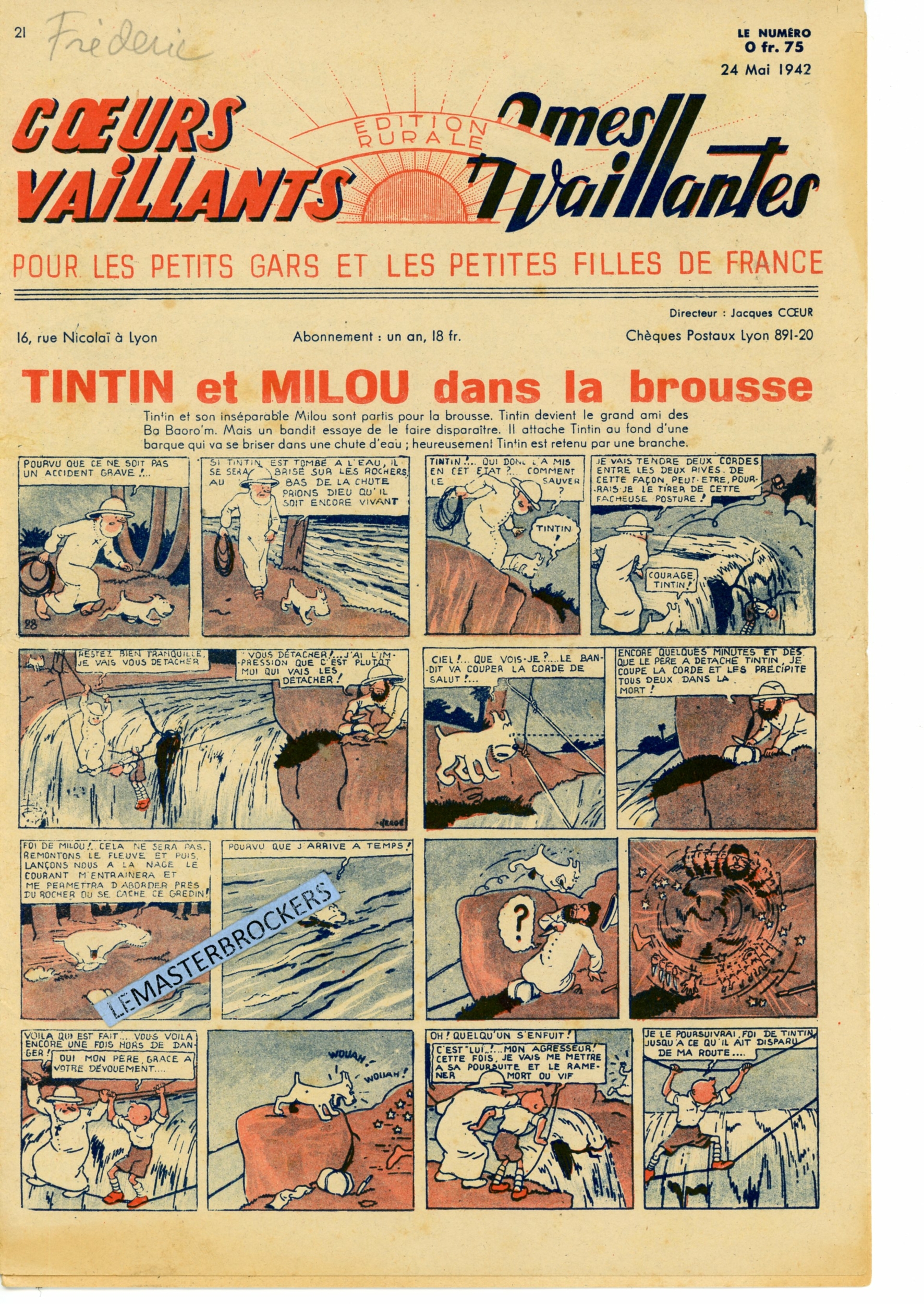 TINTIN ET MILOU DANS LA BROUSSE - COEURS VAILLANTS N° 21 - SUPPLÉMENT BIMENSUEL 29 MAI 1942