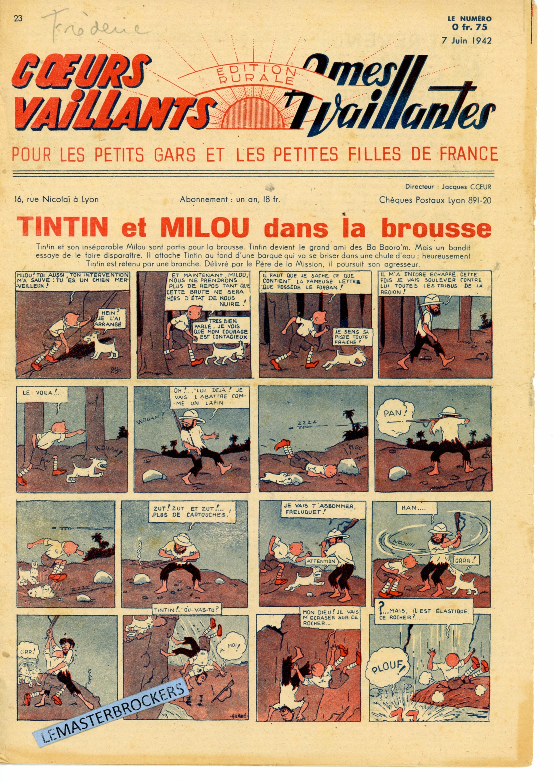 TINTIN ET MILOU DANS LA BROUSSE - COEURS VAILLANTS N° 23 - SUPPLÉMENT BIMENSUEL 7 JUIN 1942