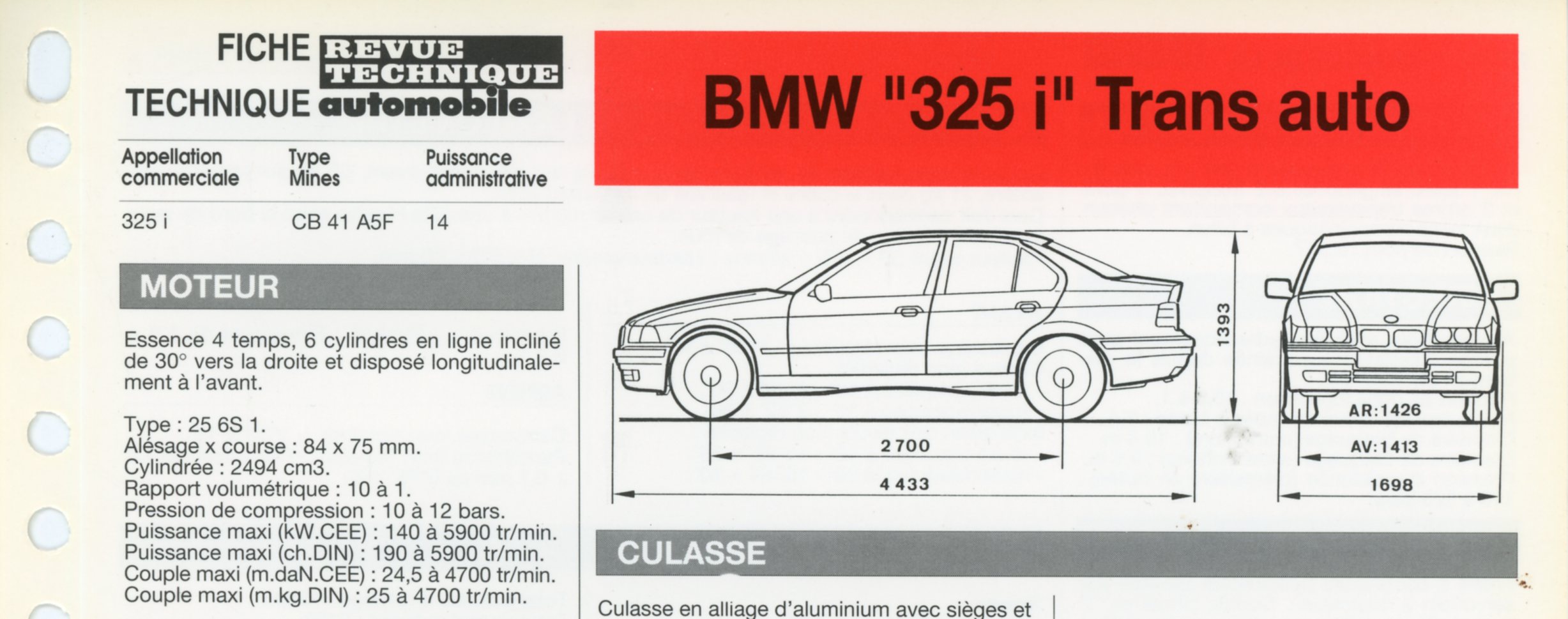 FICHE TECHNIQUE BMW 325i TRANS AUTO - FICHE RTA AUTOMOBILE 1992