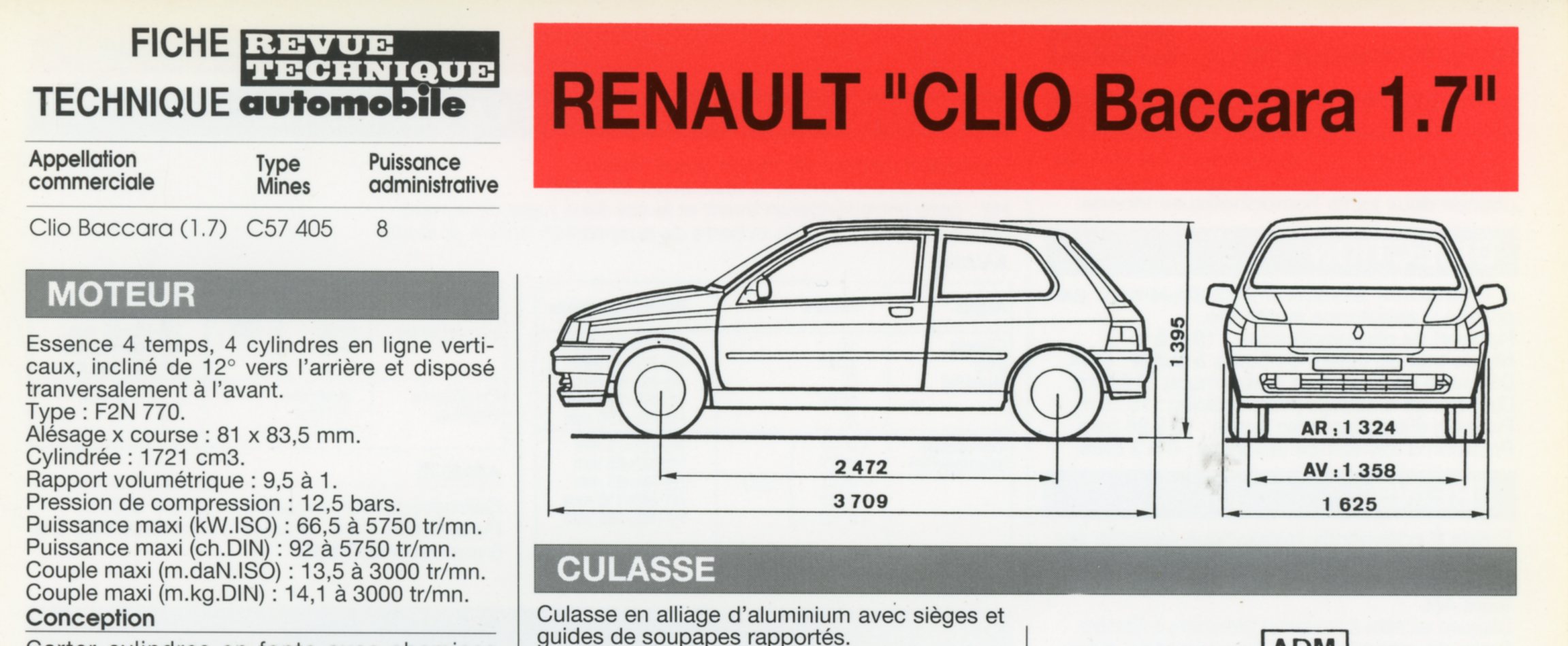 FICHE TECHNIQUE RENAULT CLIO BACCARA 1.7 - FICHE RTA AUTOMOBILE 1992