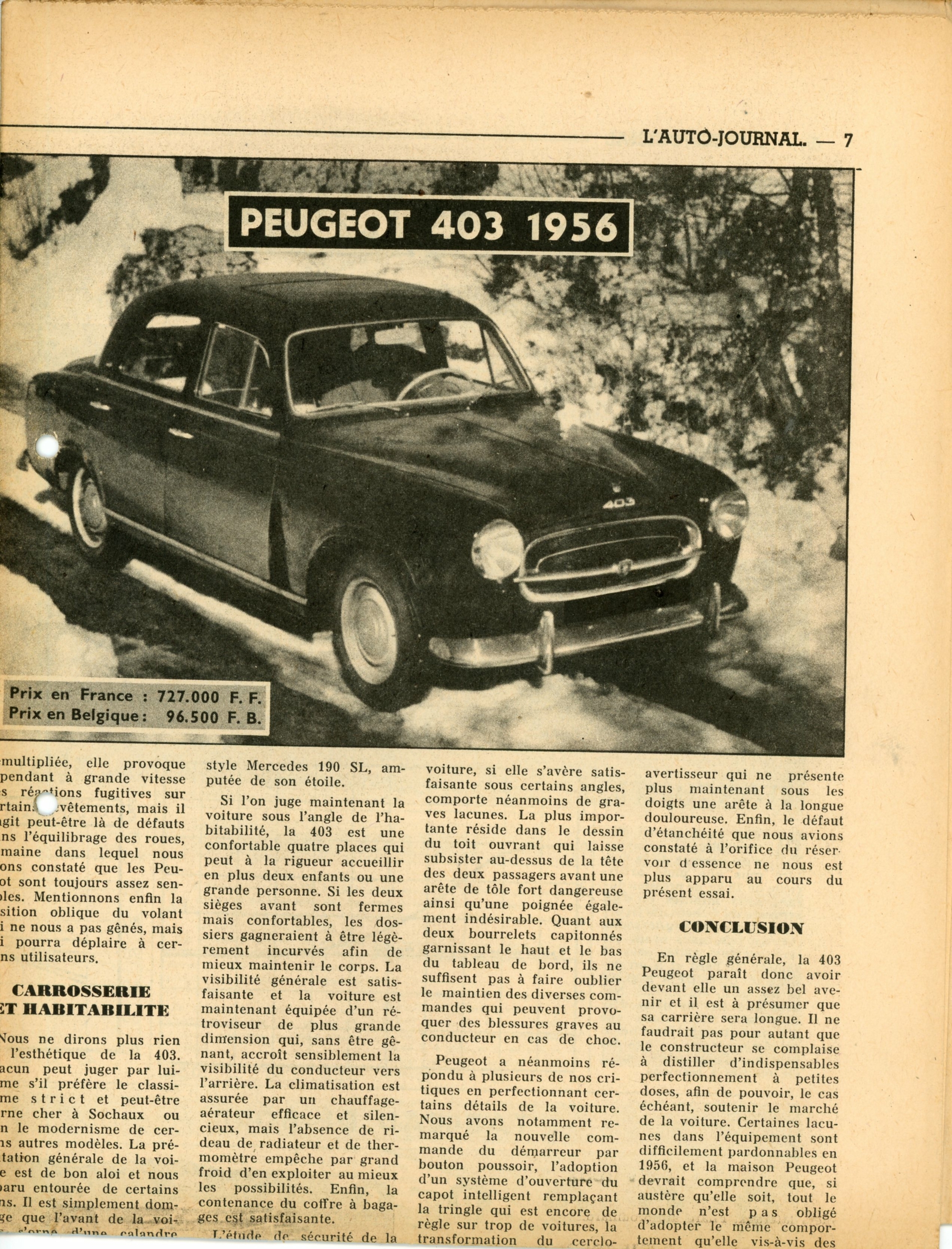 PEUGEOT 403 ARTICLE DE PRESSE VOITURE AUTOMOBILE 1956