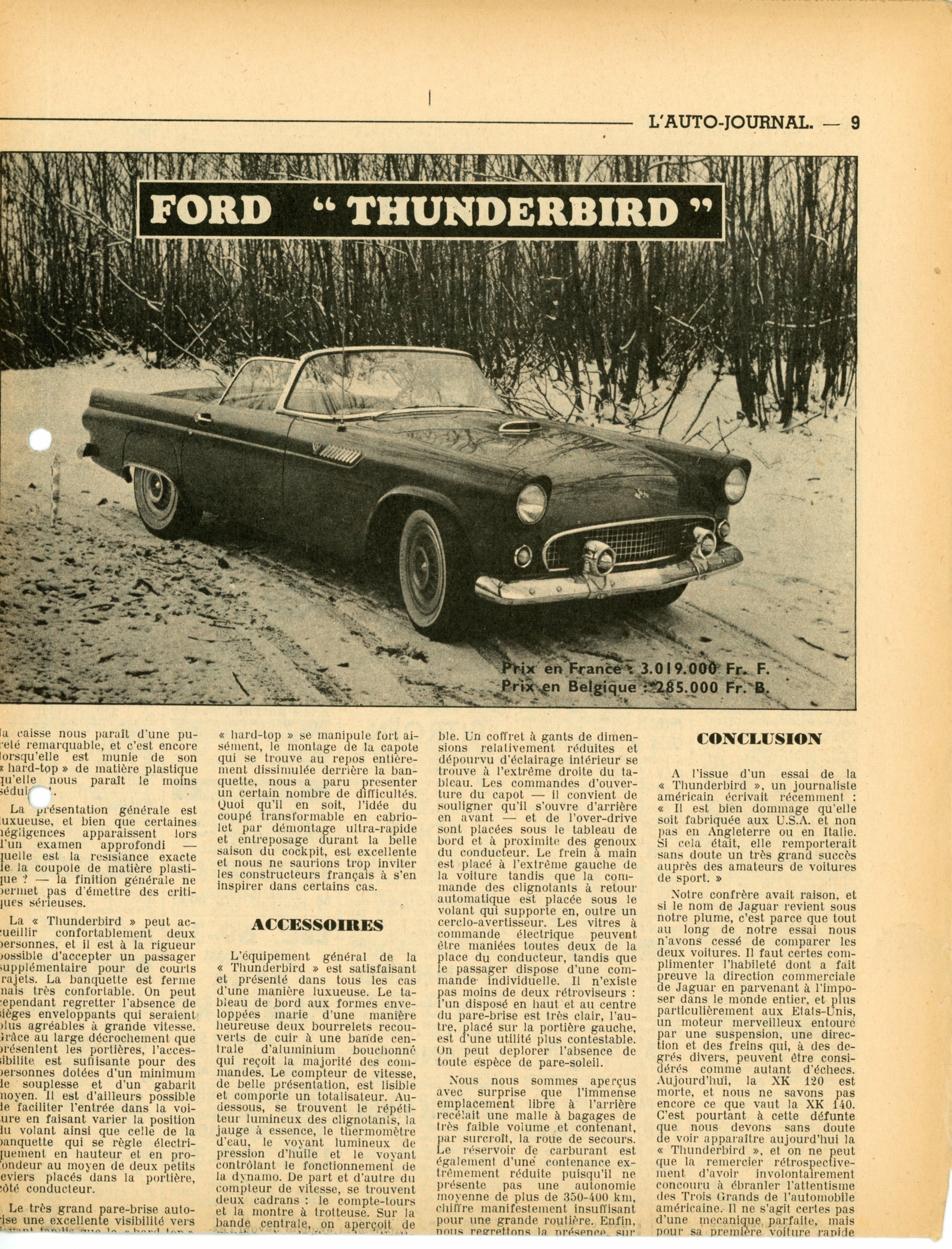 FORD THUNDERBIRD ARTICLE DE PRESSE VOITURE AUTOMOBILE 1955