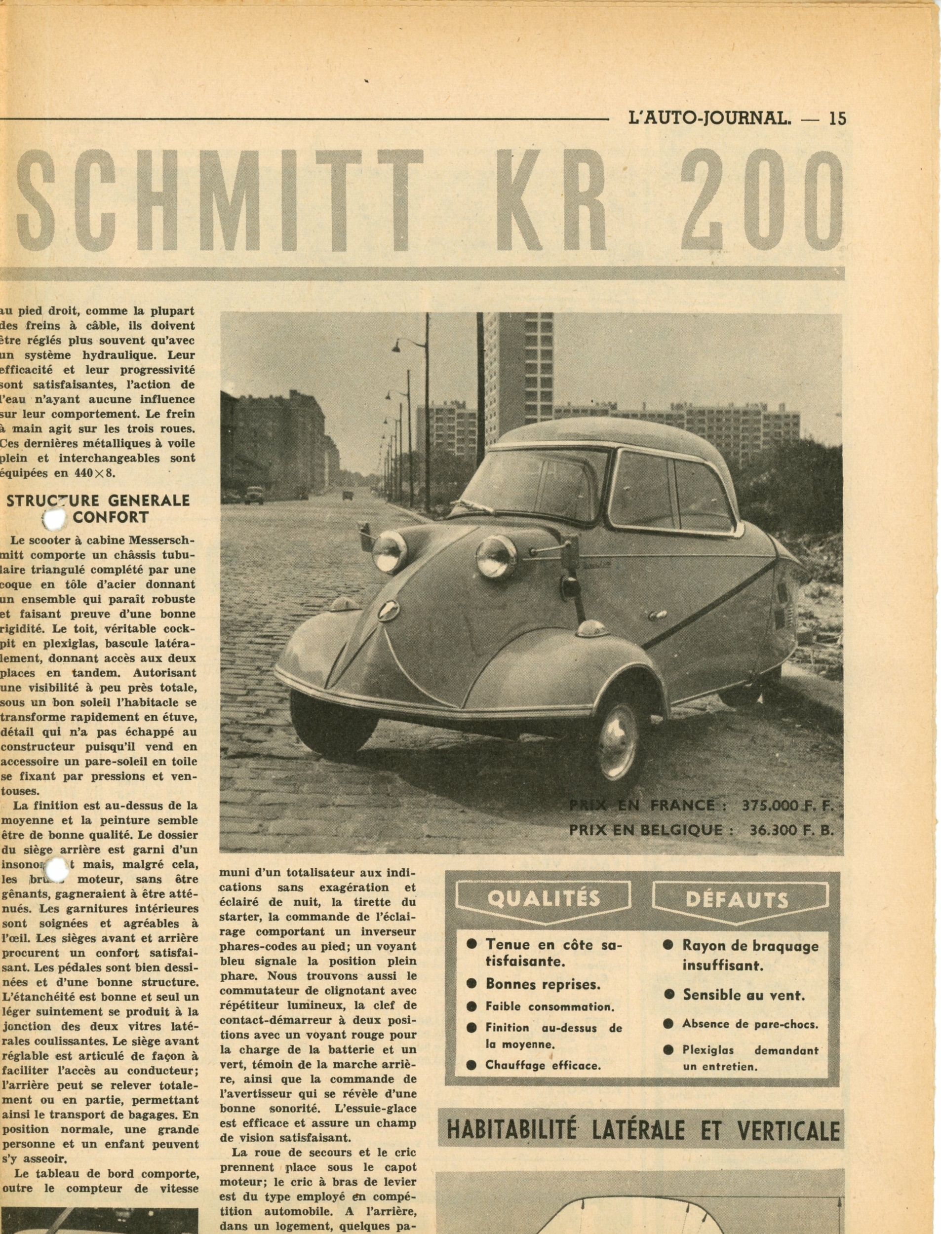 MESSERSCHITT KR KR200 ARTICLE DE PRESSE VOITURE AUTOMOBILE 1958