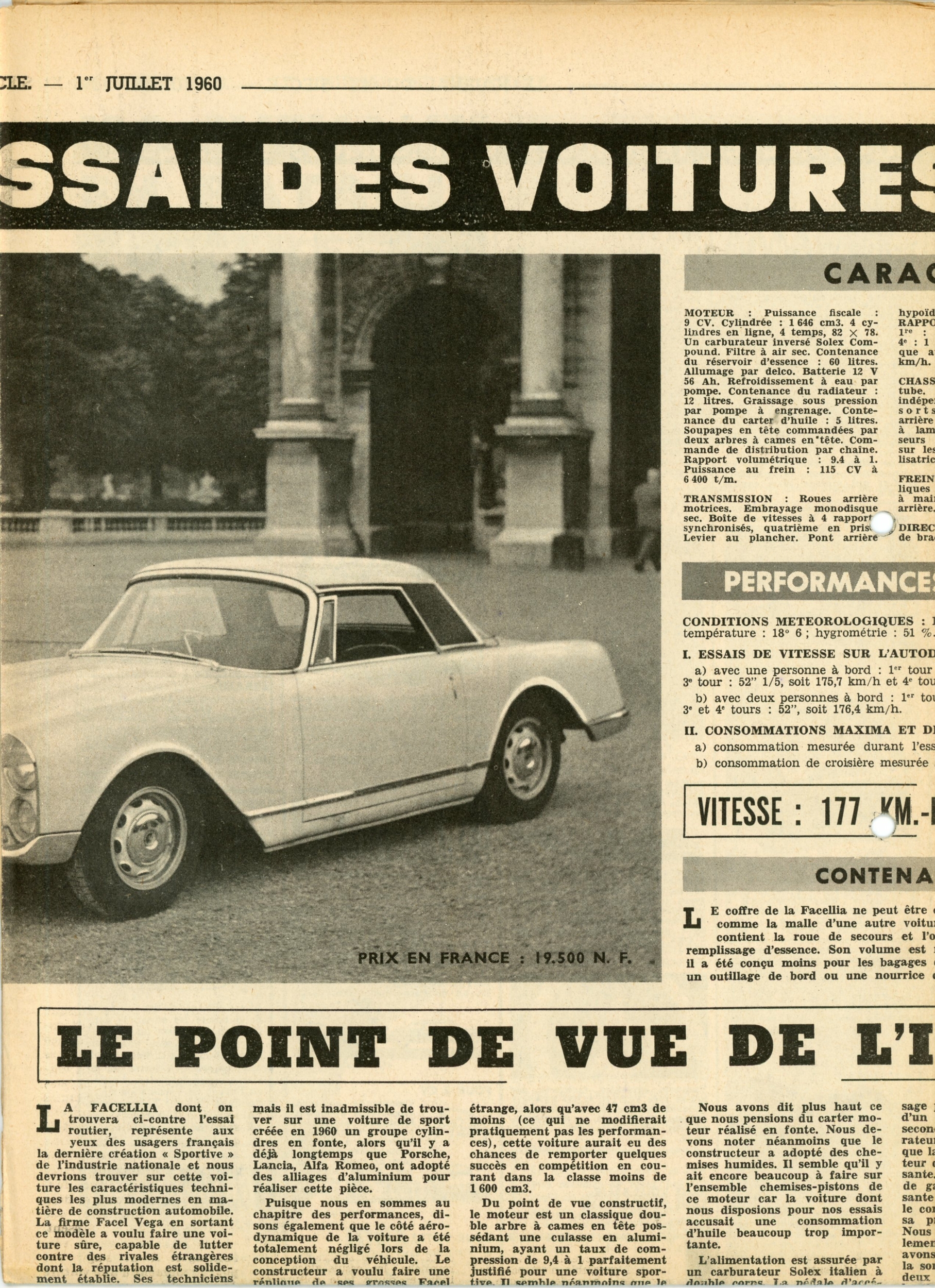 FACELLIA 1600 ARTICLE DE PRESSE VOITURE AUTOMOBILE 1960
