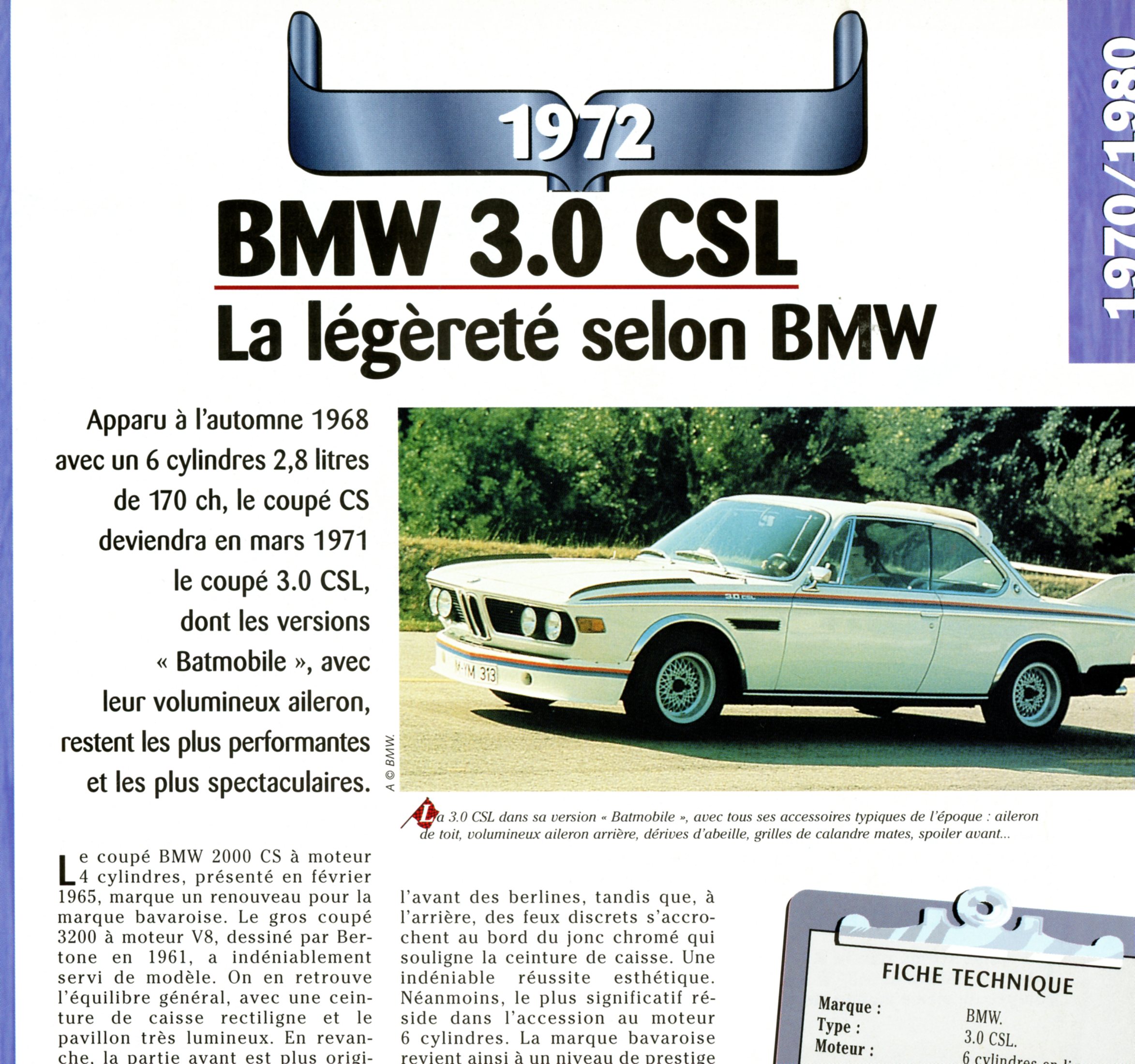 FICHE BMW CSL 3.0 1972 - FICHE AUTO TECHNIQUE