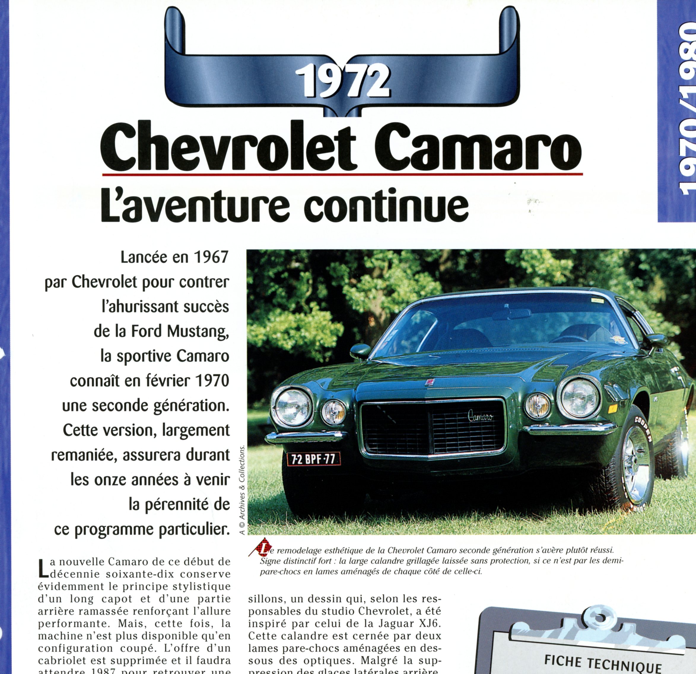 FICHE CHEVROLET CAMARO 1972 - FICHE AUTO TECHNIQUE