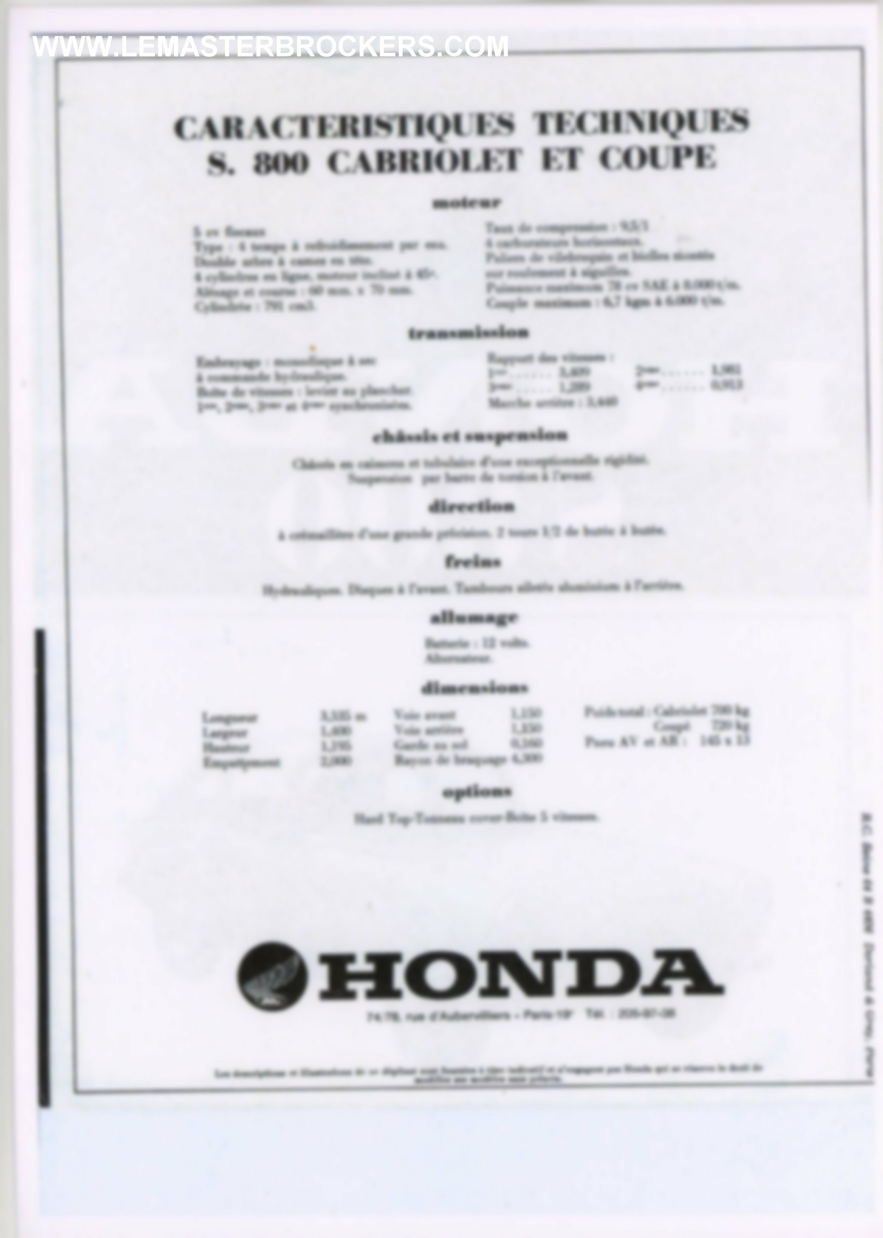 BROCHURE-HONDA-S800-S-800-PROSPEKT-REPRODUCTION-LEMASTERBROCKERS-FICHE-AUTO-facsimilé
