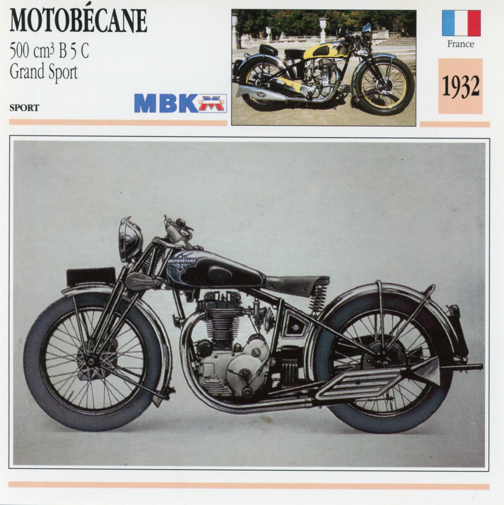 MOTOBÉCANE 500 B5C GRAND SPORT 1932 - CARTE CARD FICHE MOTO CARACTERISTIQUES