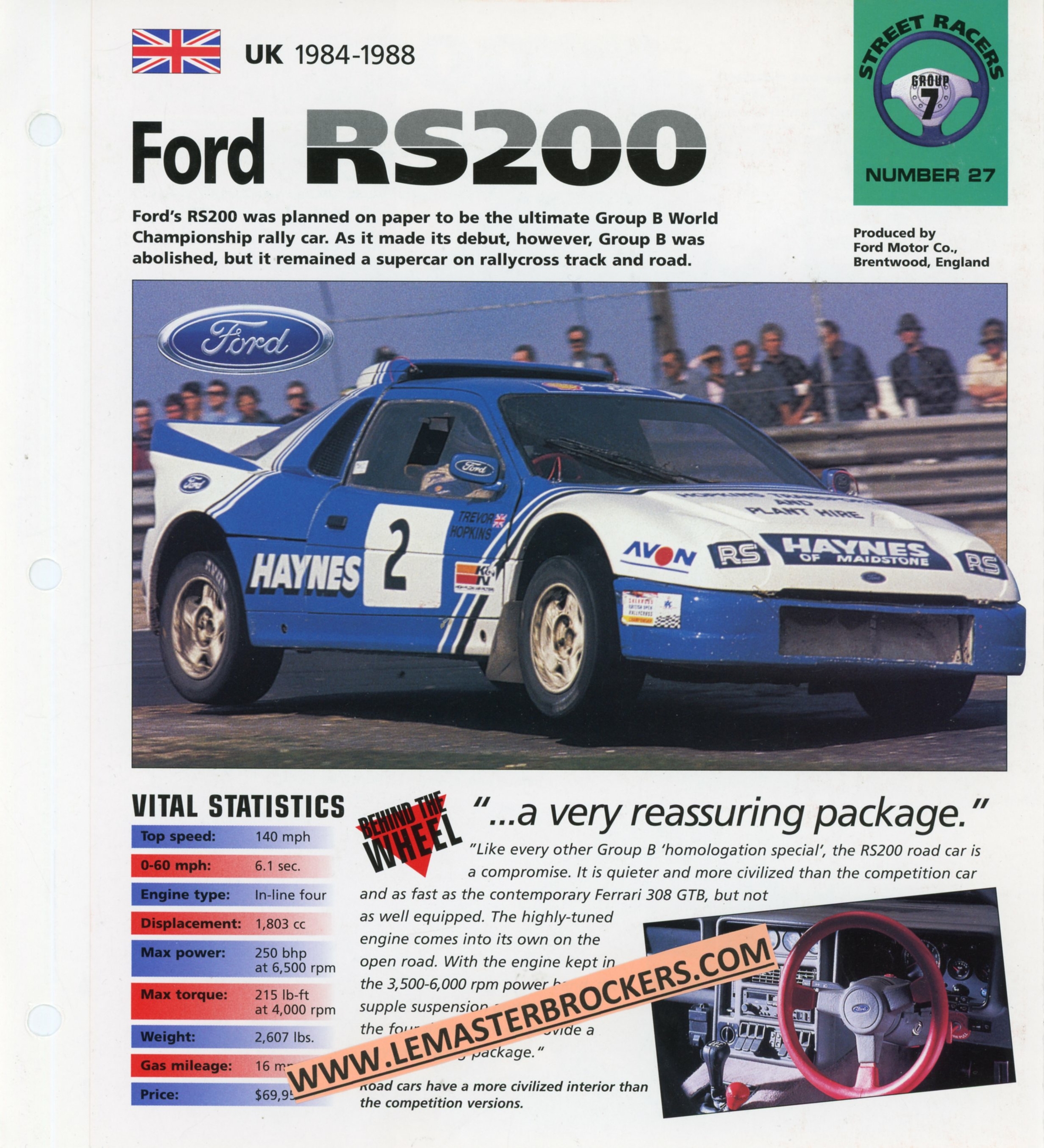BROCHURE-FORD-RS-RS200-1986-FICHE-AUTO-LEMASTERBROCKERS-FORD-RS-1986