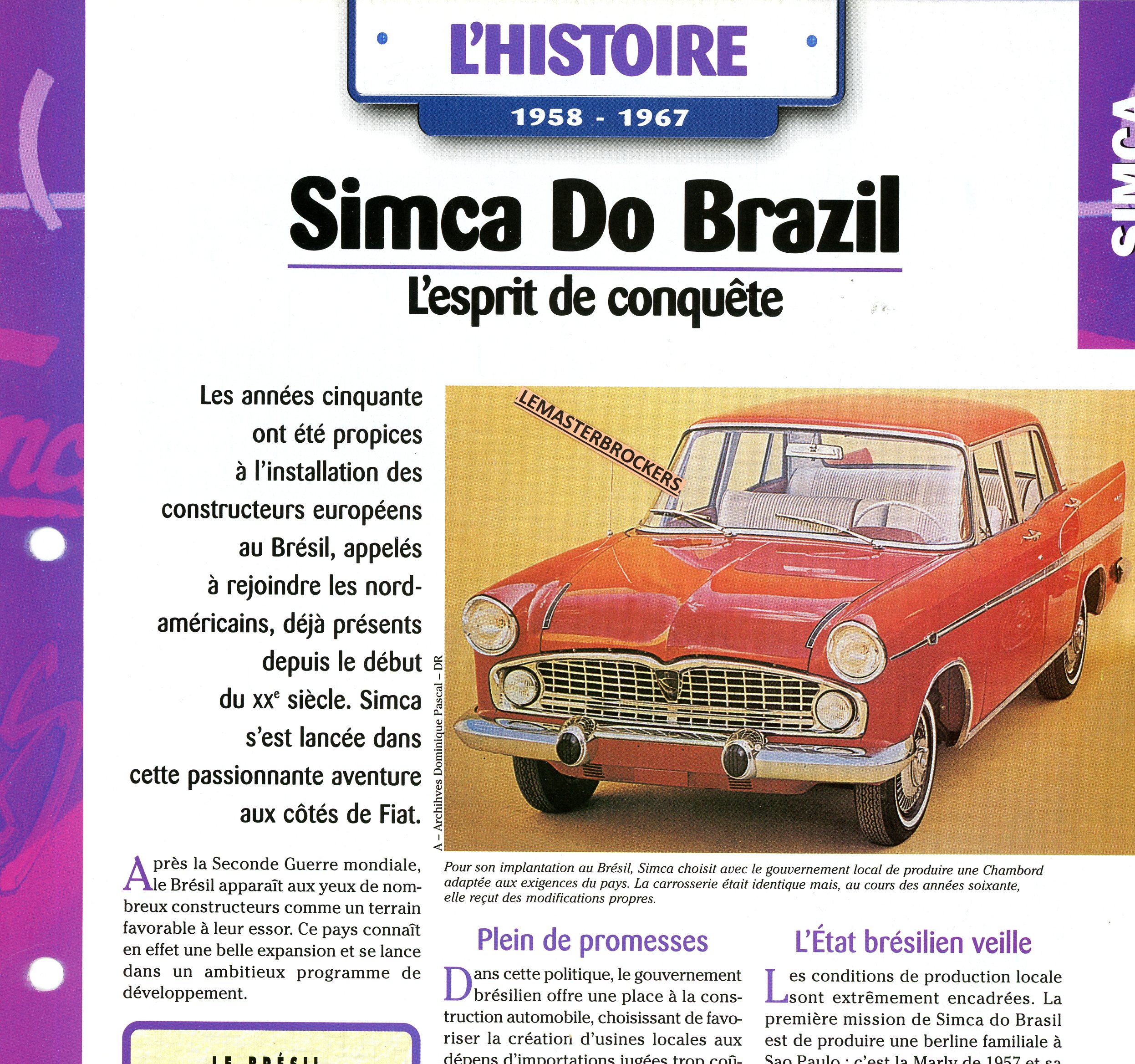 FICHE SIMCA DO BRAZIL - FICHE AUTO HISTOIRE 1958 1967