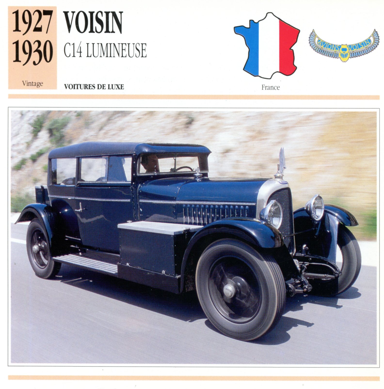 FICHE-AUTO-VOISIN-C14-LUMINEUSE-LEMASTERBROCKERS-CARS-CARD-ATLAS-1927-1930